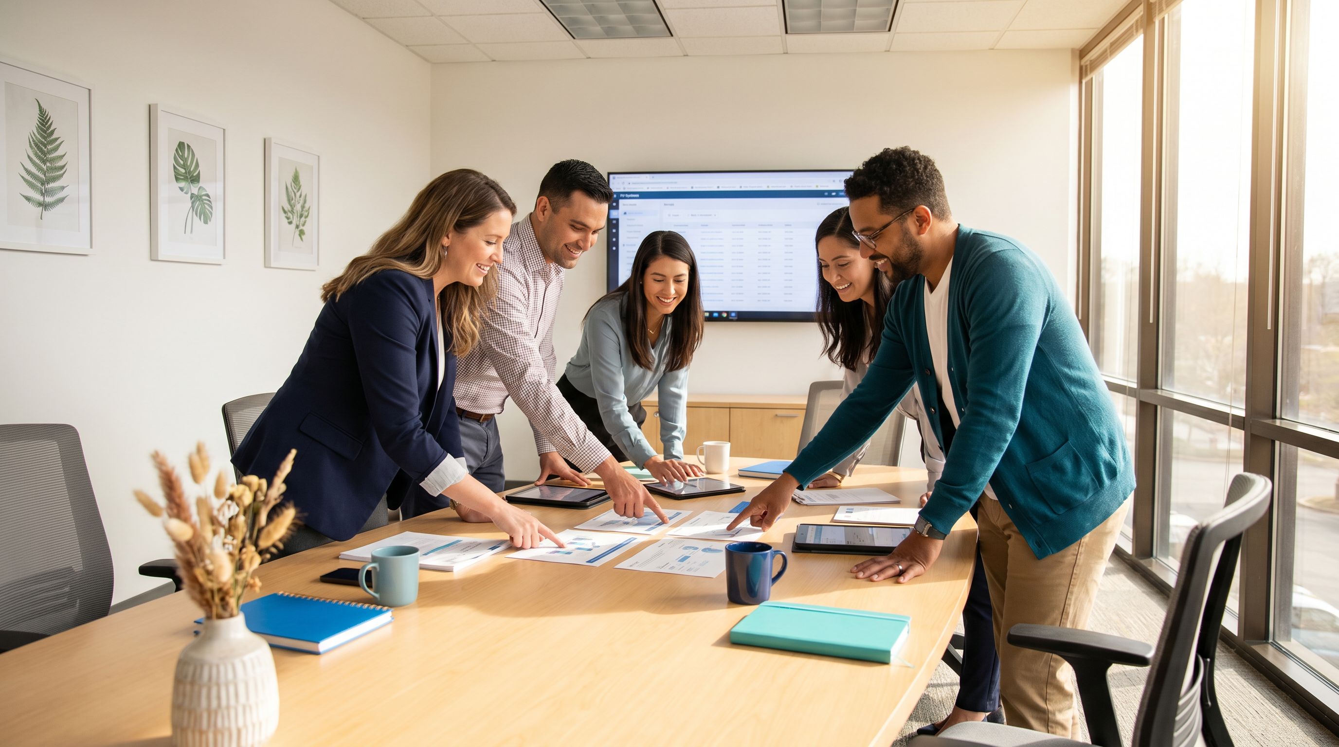 Diverse group of ABA therapy professionals collaborating in a modern clinic conference room