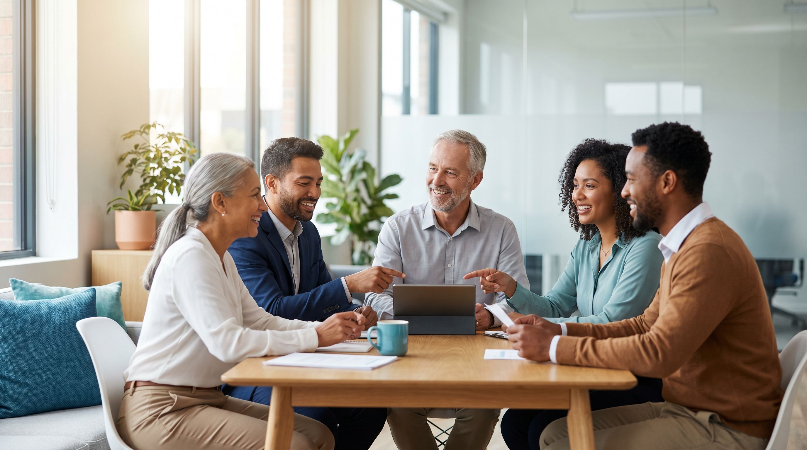 A diverse group of ABA therapists collaborating in a bright, modern clinic office