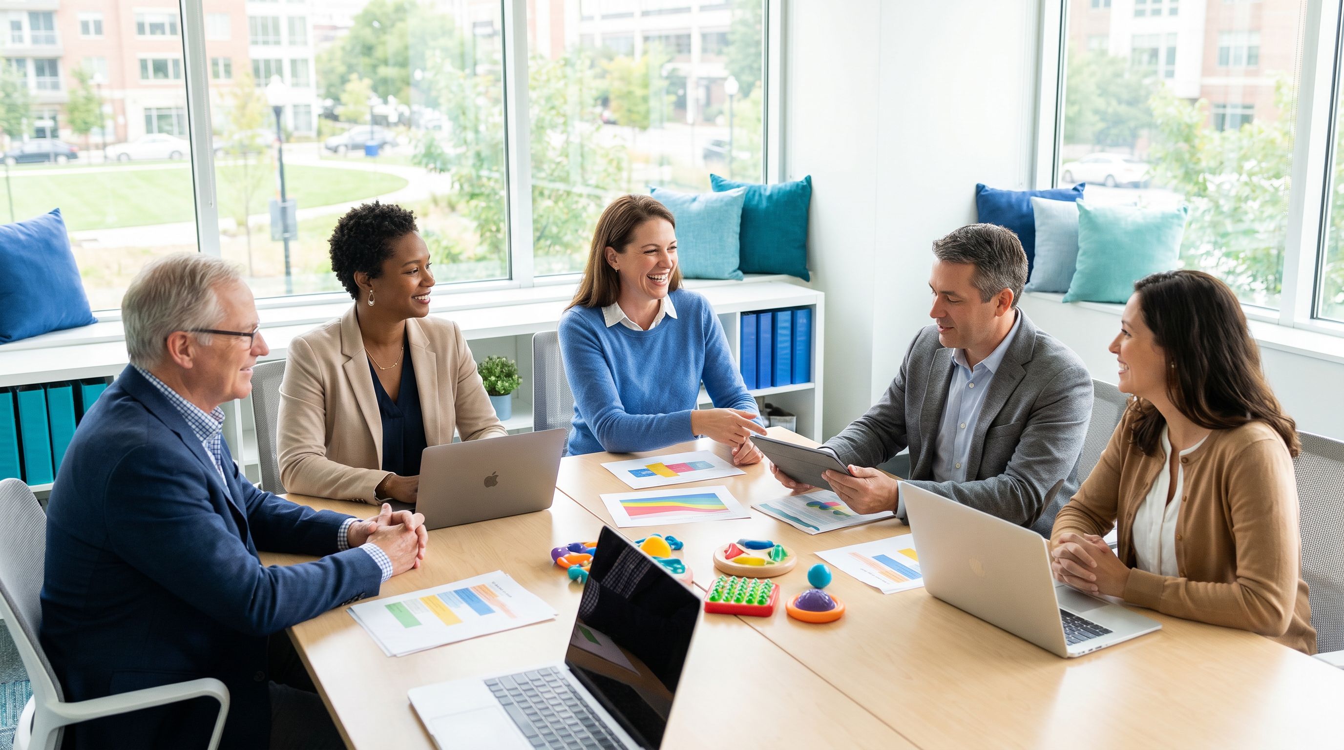 Diverse group of ABA therapy professionals collaborating in a modern clinic setting