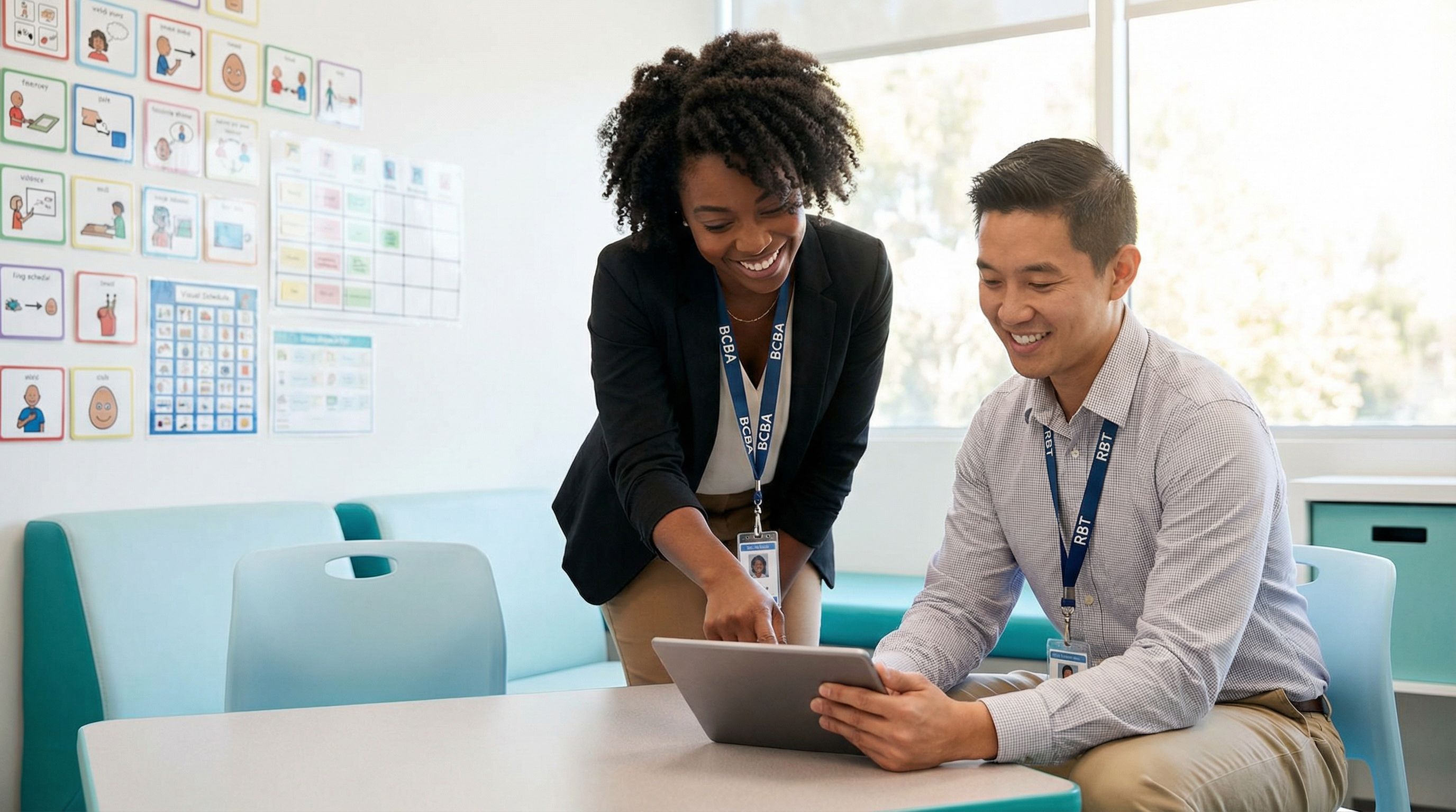 A BCBA and RBT collaborating in a modern therapy clinic, reviewing a behavior plan that incorporates antecedent interventions