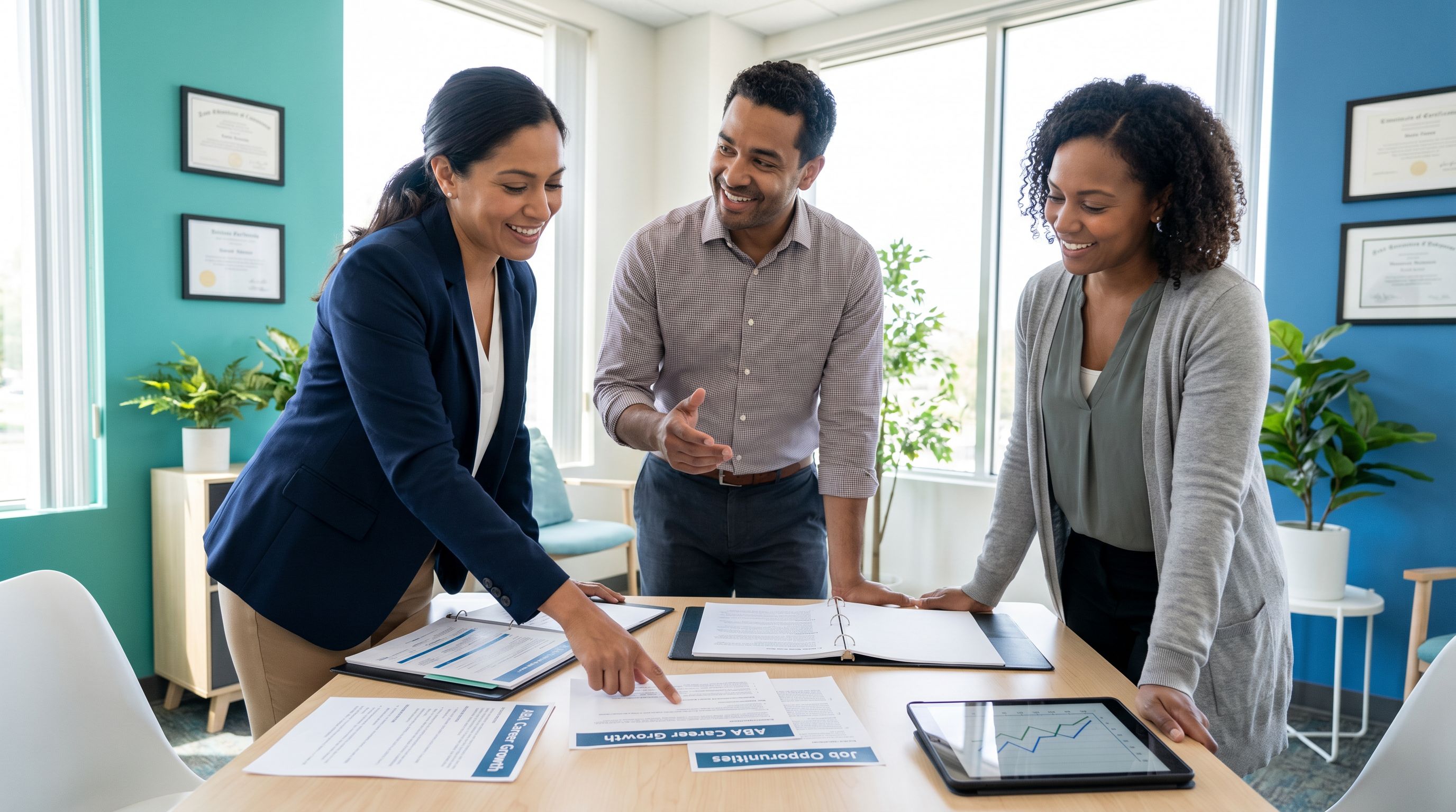 Diverse group of ABA therapy professionals discussing career opportunities in a modern clinic setting