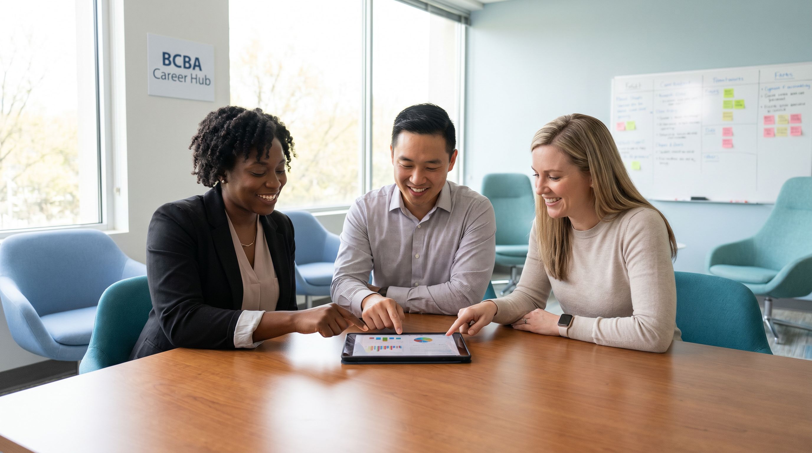 Diverse group of behavior analysts collaborating in a modern office, representing the high demand for BCBAs in 2026 Diverse group of behavior analysts collaborating in a modern office, representing the high demand for BCBAs in 2026