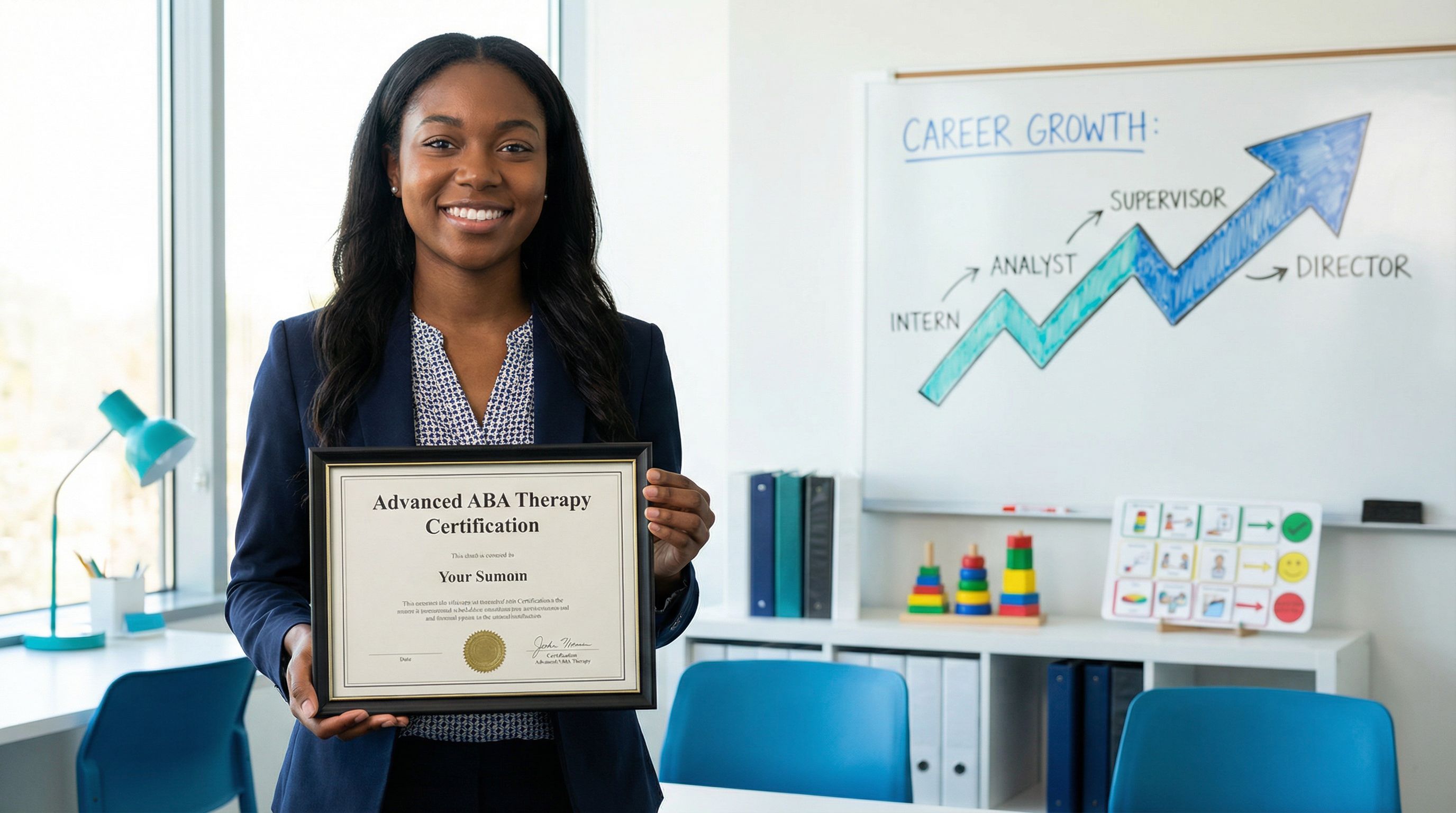 Professional woman holding an ABA therapy certification in a modern office with a career growth chart on the whiteboard behind her