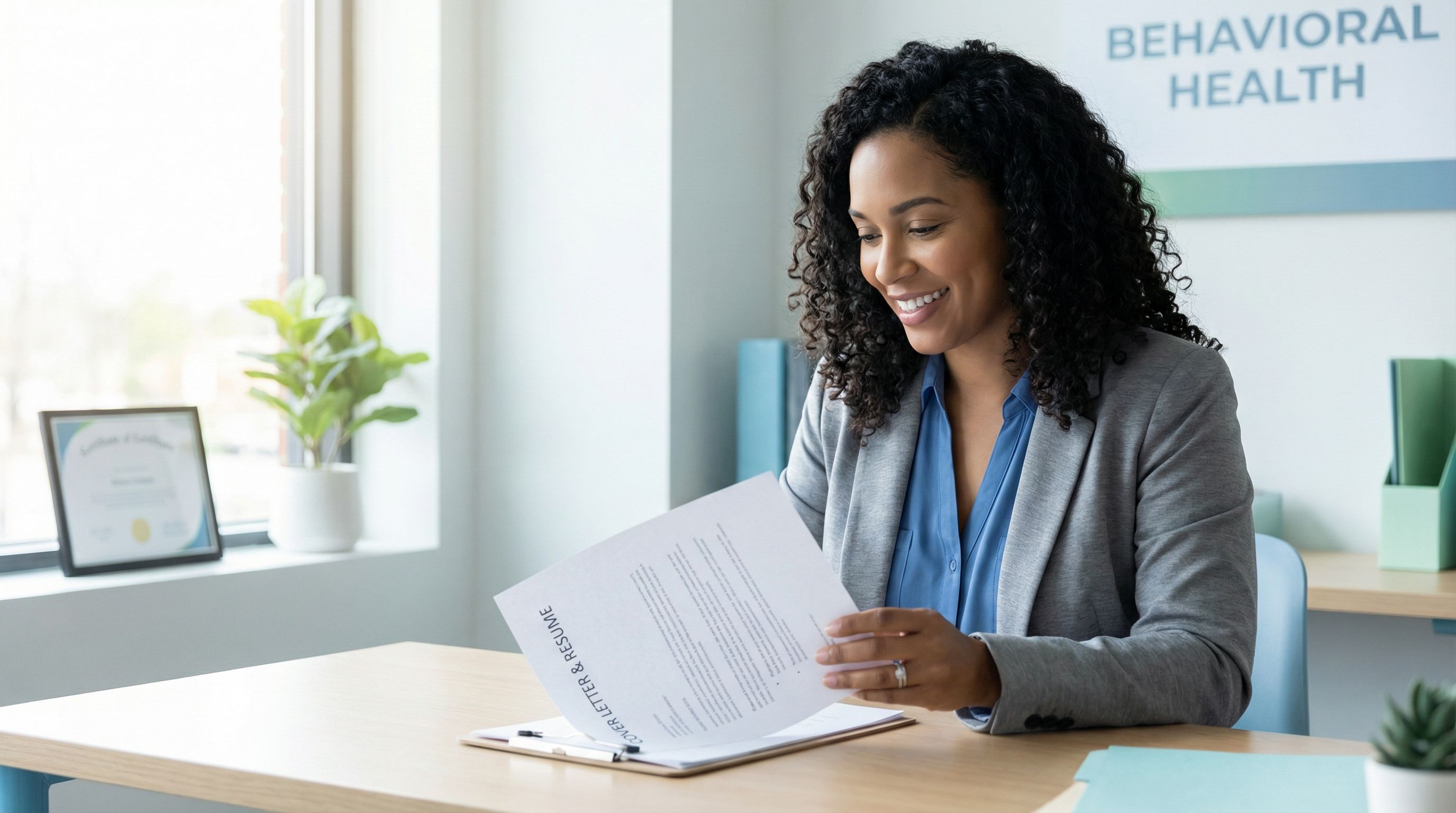 Confident BCBA professional reviewing a polished cover letter and resume in a bright modern clinic office