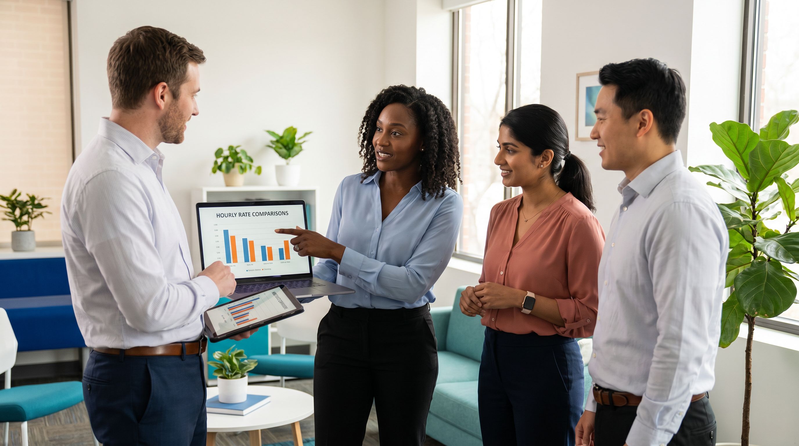 Behavior analysts reviewing hourly rate data on a laptop in a modern clinic office