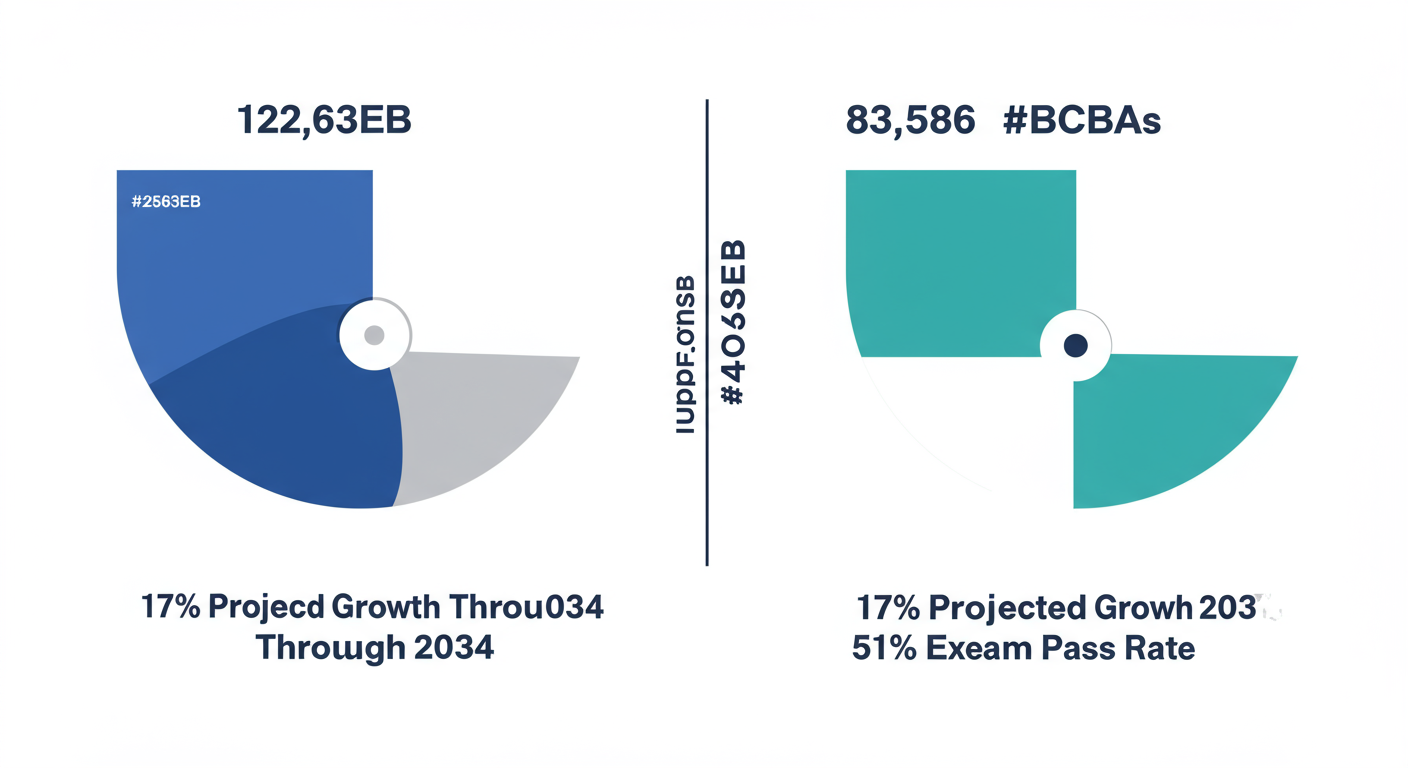 Infographic showing BCBA workforce supply versus demand gap with 132,307 job postings versus 83,586 certificants