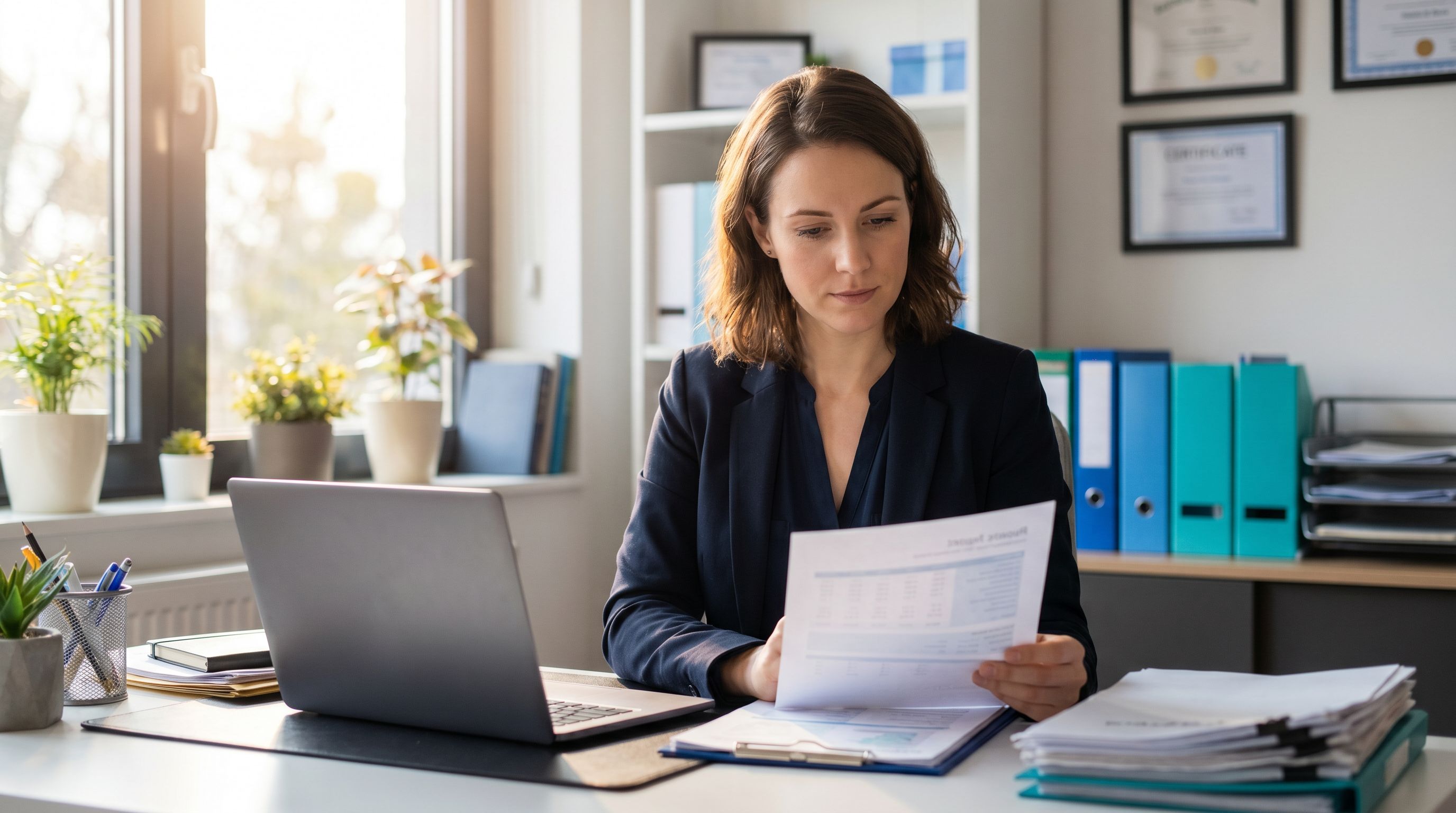 Behavior analyst reviewing a job description at a modern clinic desk