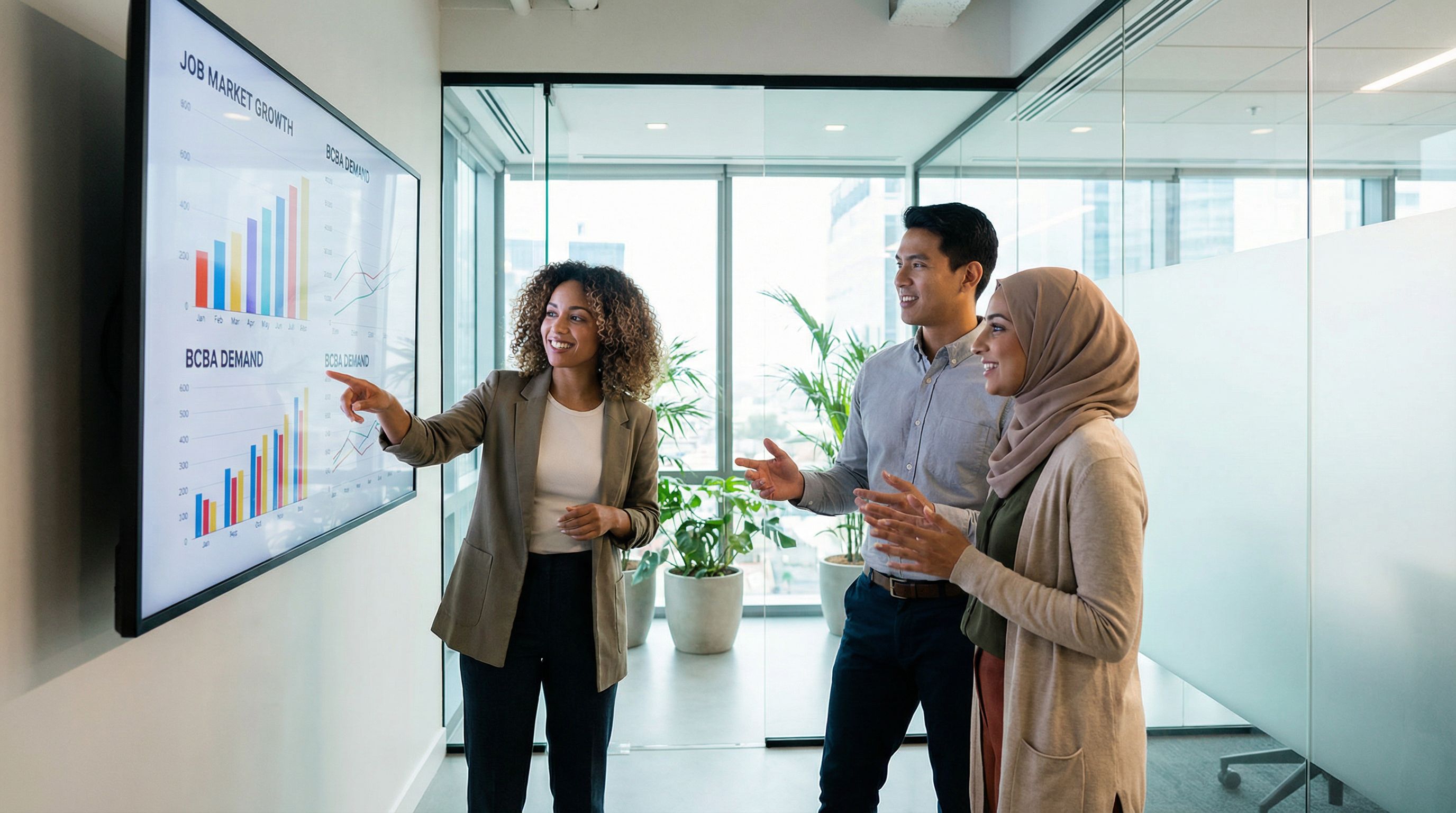 Diverse group of behavior analysts reviewing BCBA job market growth data in a modern office setting