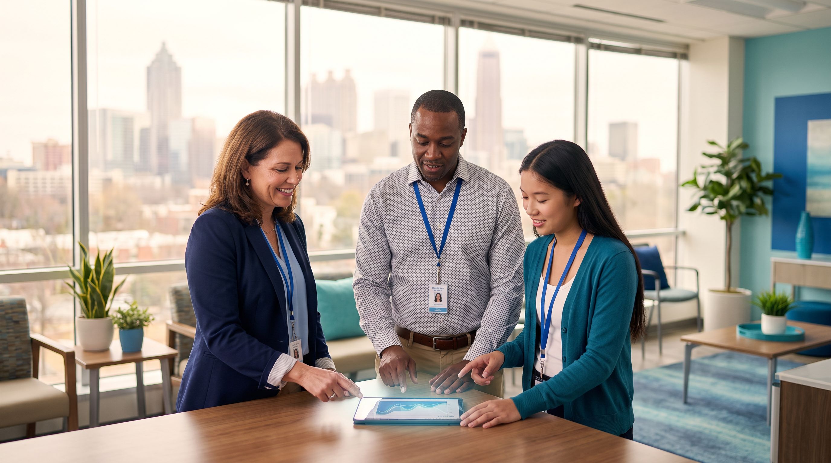 Diverse ABA clinicians collaborating in a modern Atlanta clinic with the city skyline visible through the windows