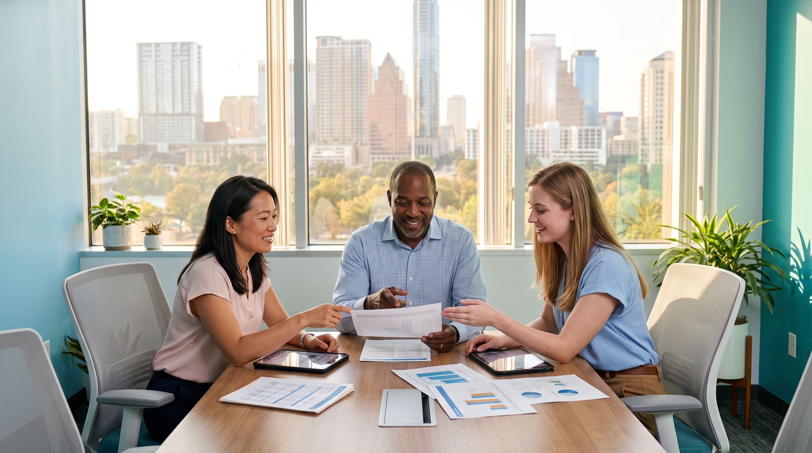 Three diverse ABA behavior analysts reviewing salary and demand data together in a bright modern Austin office with the city skyline visible through the windows