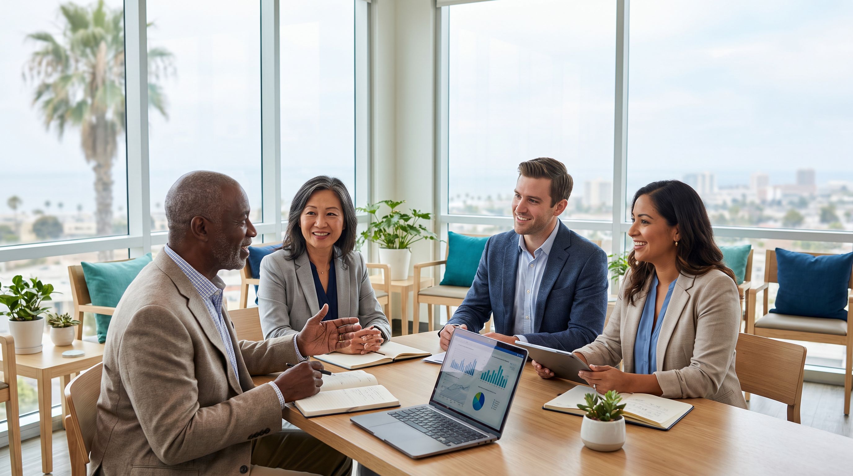 Diverse team of BCBAs collaborating in a bright modern California ABA clinic with a coastal city skyline and palm trees visible through the windows