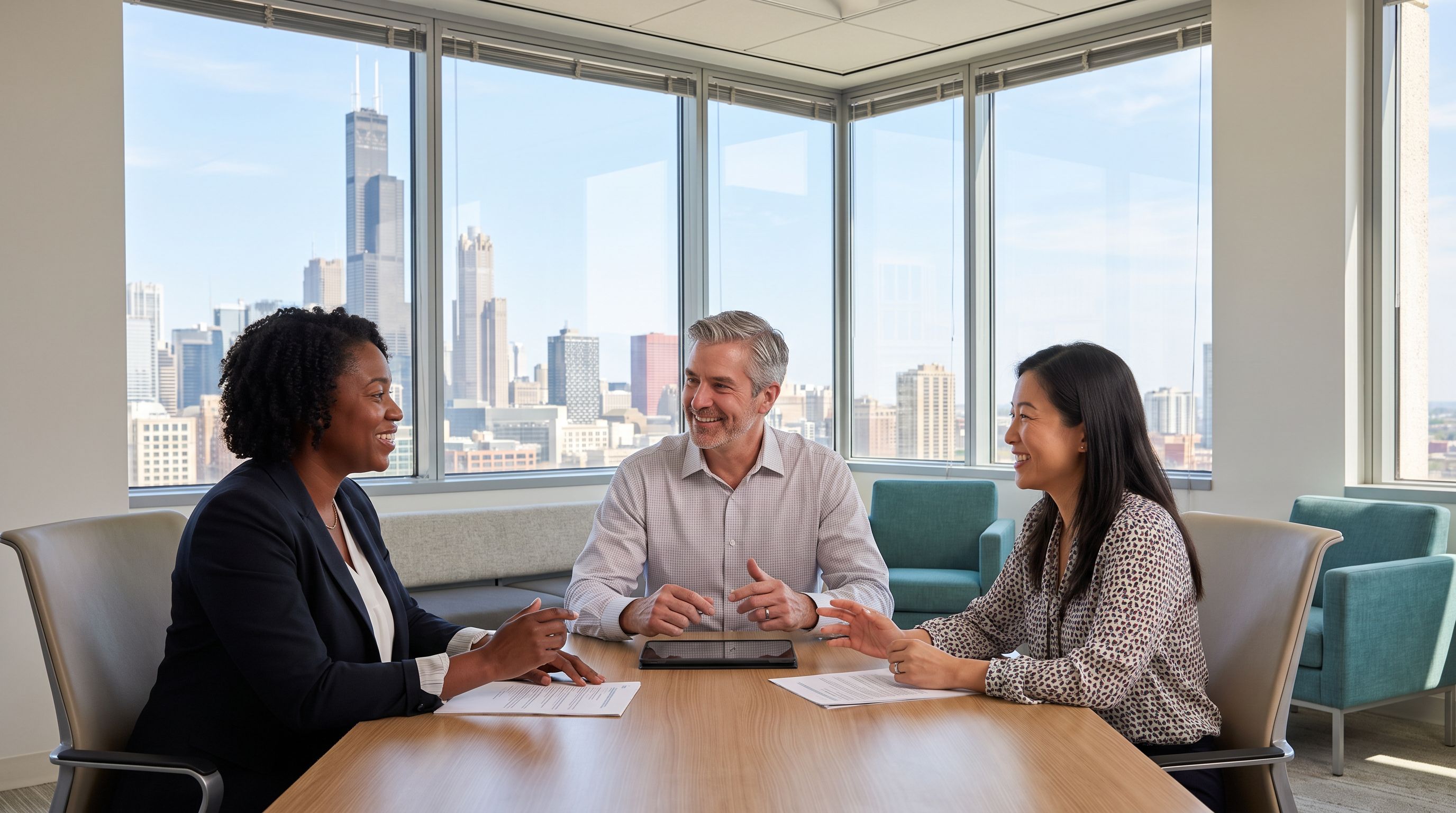 Three diverse ABA clinicians collaborating at a table in a modern Chicago high-rise clinic with the Chicago skyline and Willis Tower visible through the windows