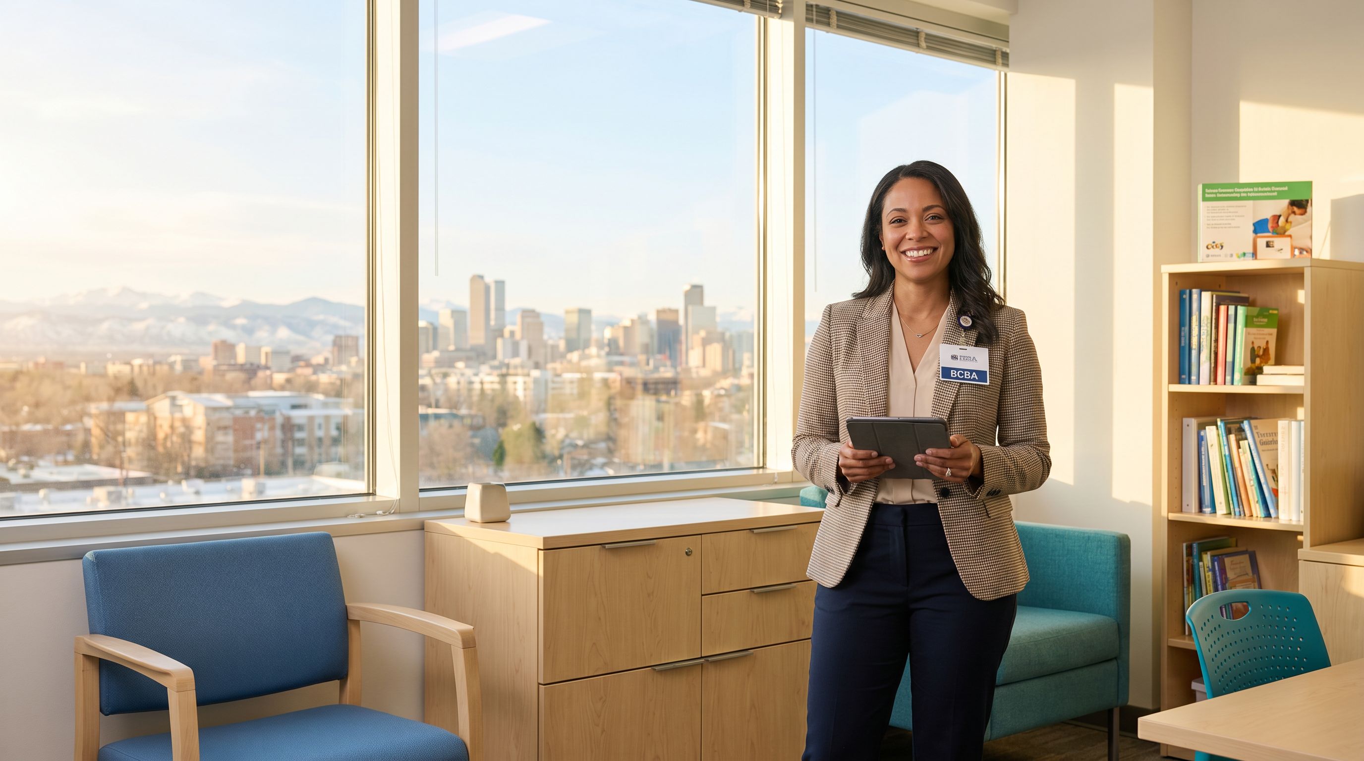 A confident BCBA professional holding a tablet in a modern Colorado clinic office, with the Denver skyline and Rocky Mountains visible through the window A confident BCBA professional holding a tablet in a modern Colorado clinic office, with the Denver skyline and Rocky Mountains visible through the window
