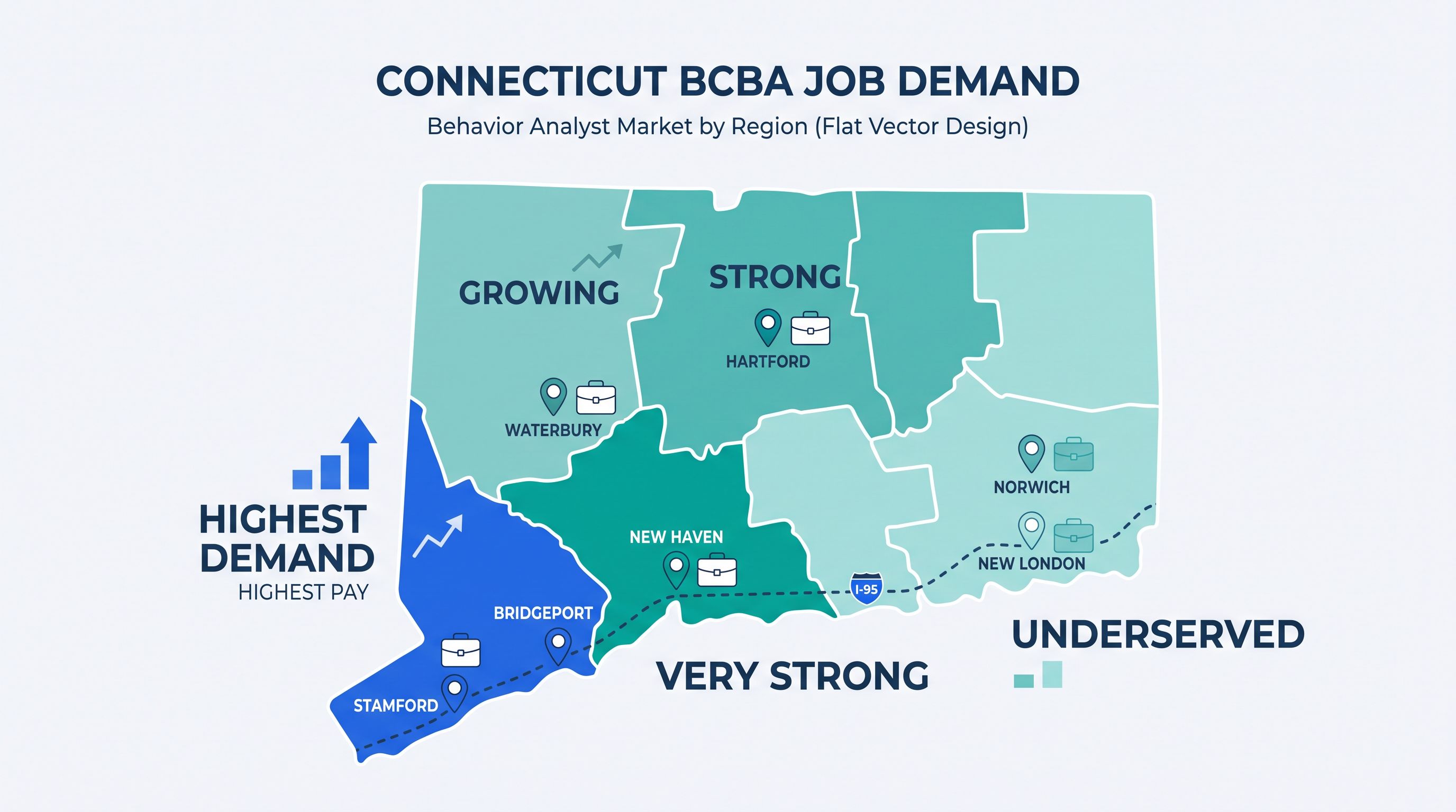 Infographic mapping BCBA demand across Connecticut, highlighting Fairfield County and the New Haven metro as the deepest, highest-paying markets, Hartford and Waterbury as growing, and eastern Connecticut as underserved