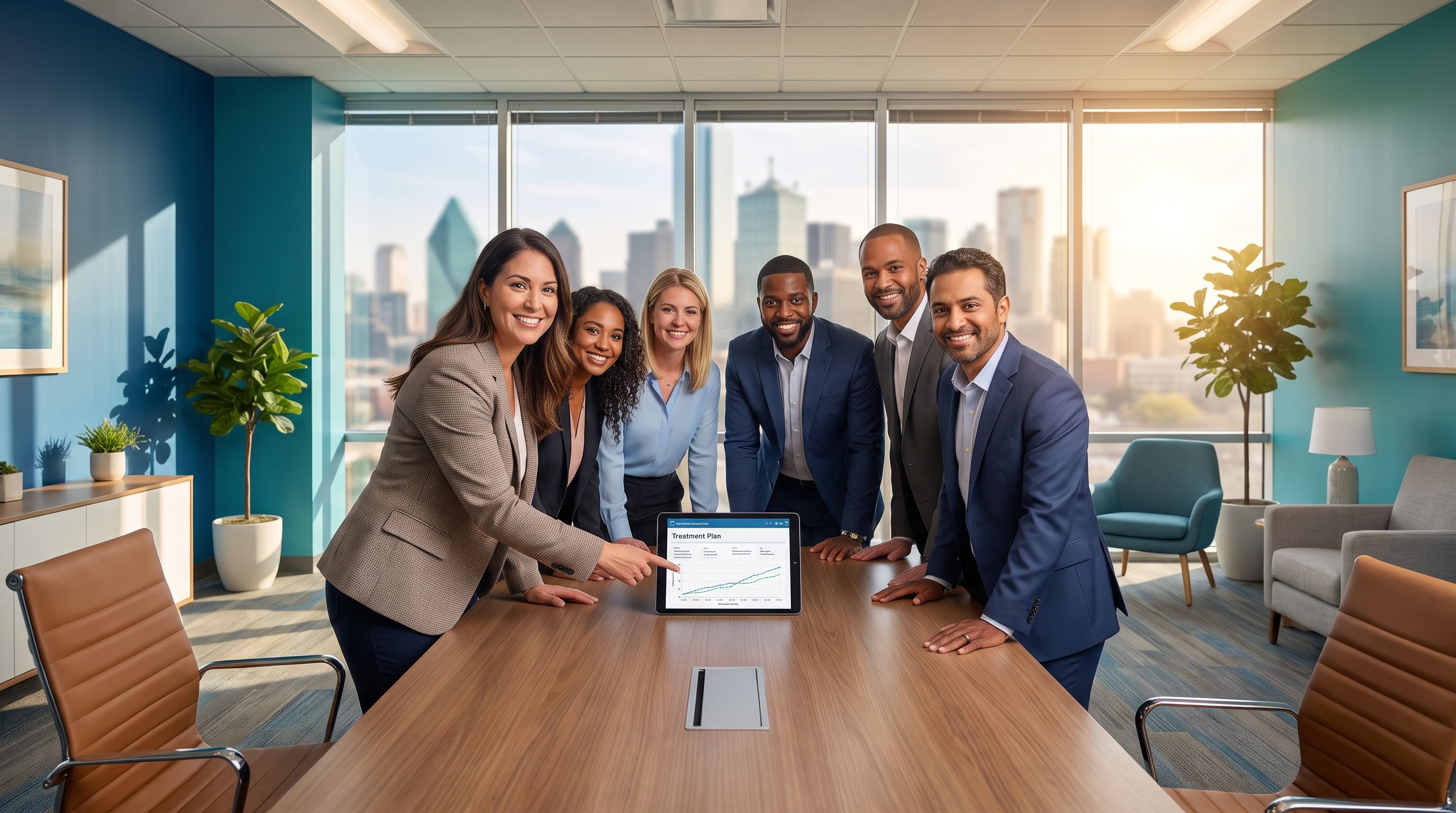 A diverse team of ABA professionals reviewing a treatment plan in a modern Dallas clinic with the city skyline behind them