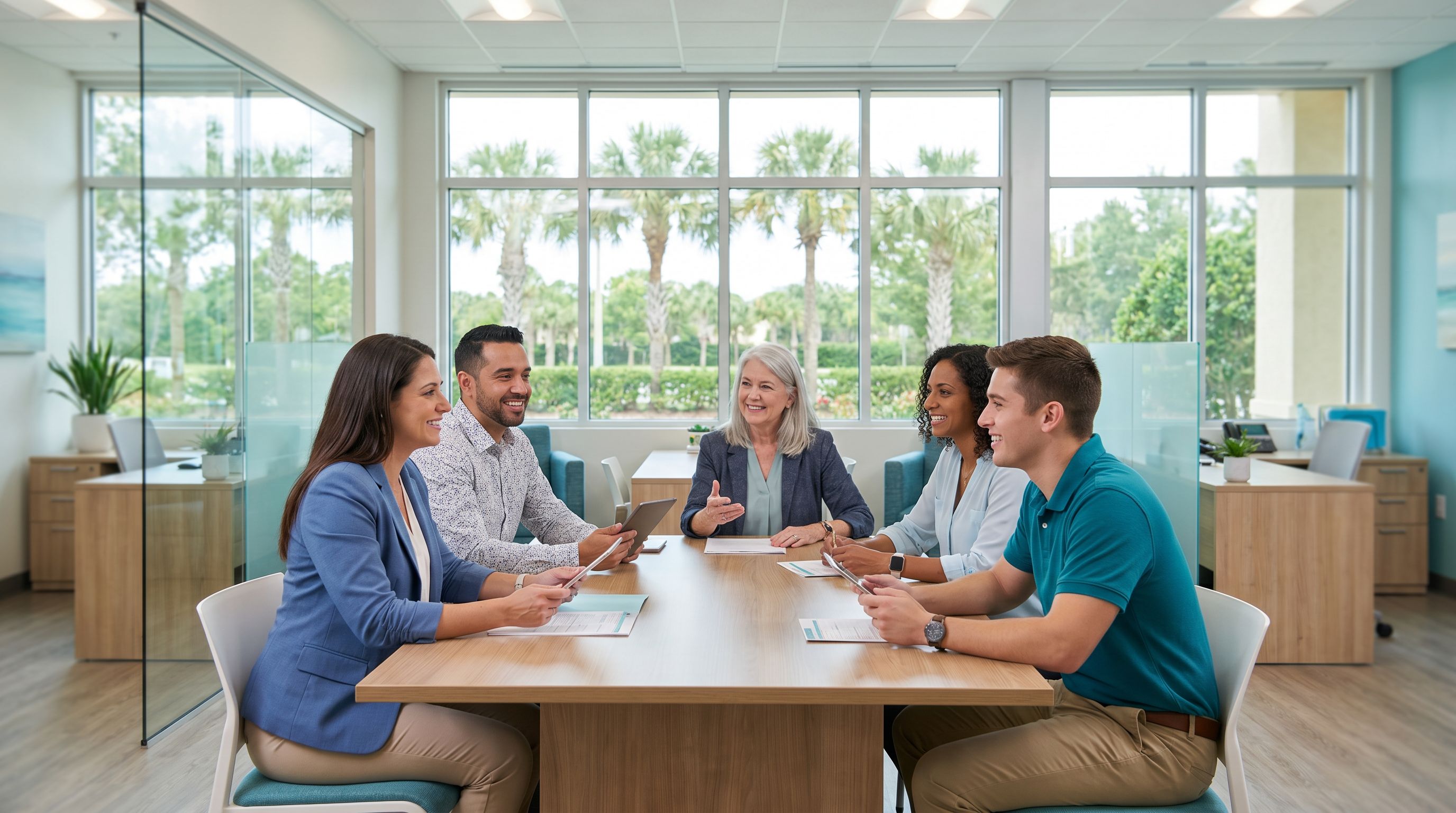 Diverse team of BCBAs collaborating in a bright modern Florida ABA clinic office