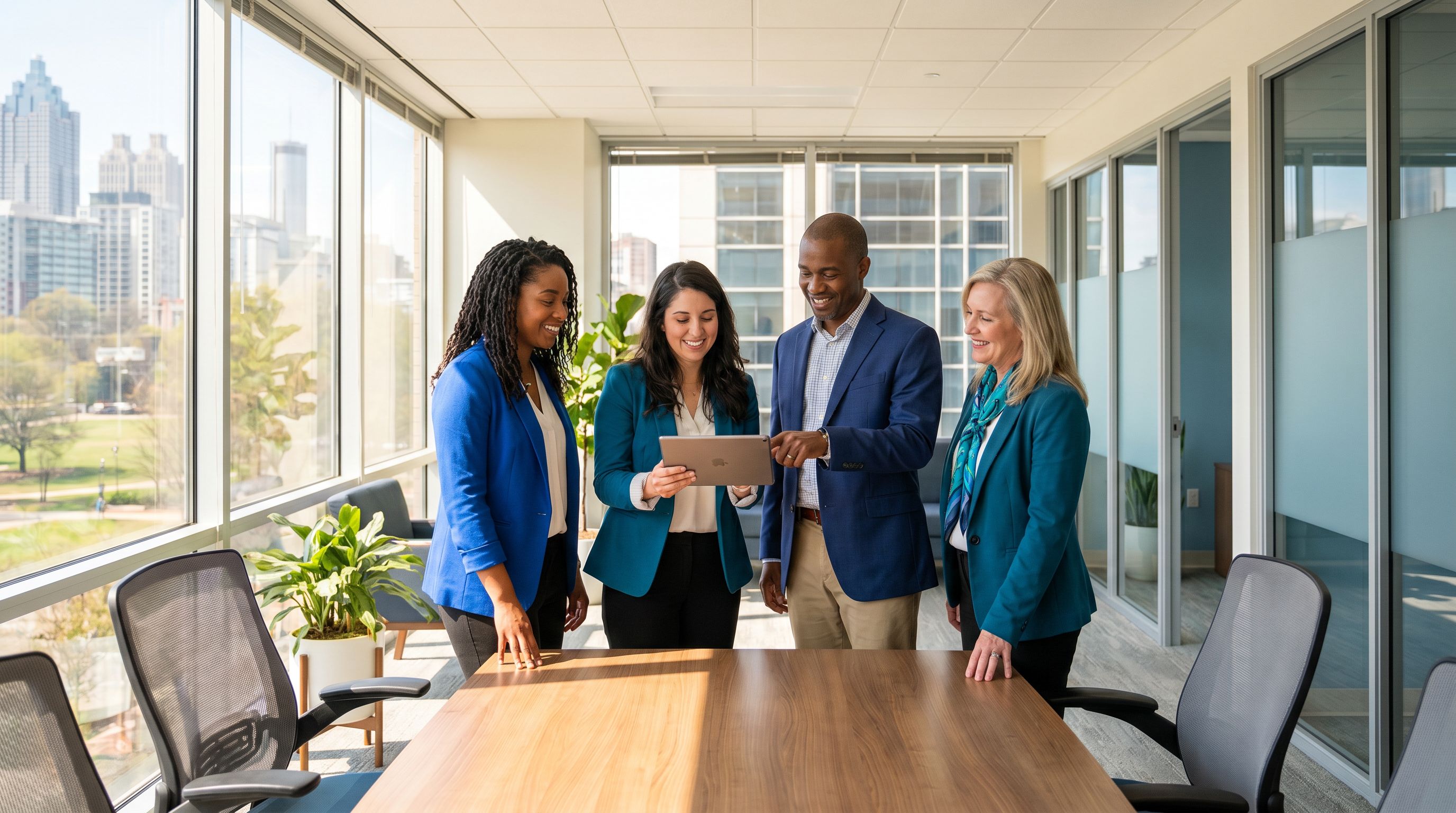 Diverse team of BCBAs collaborating in a bright modern Atlanta clinic office with the city skyline visible through the windows