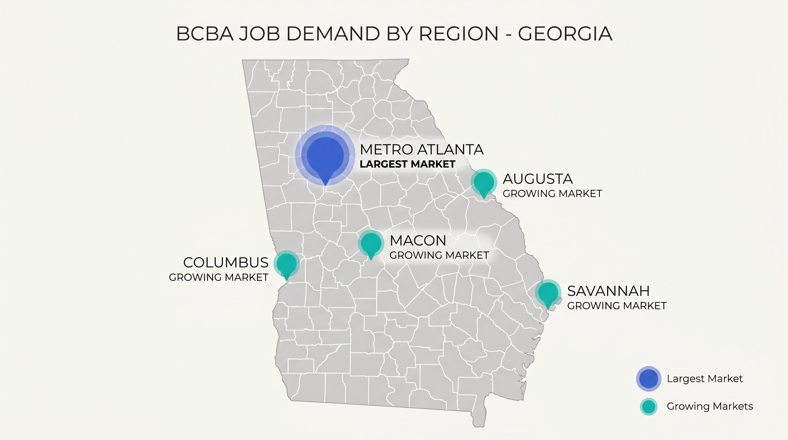 Infographic mapping BCBA demand across Georgia, highlighting metro Atlanta as the largest market with Savannah, Augusta, Columbus, and Macon as growing secondary markets