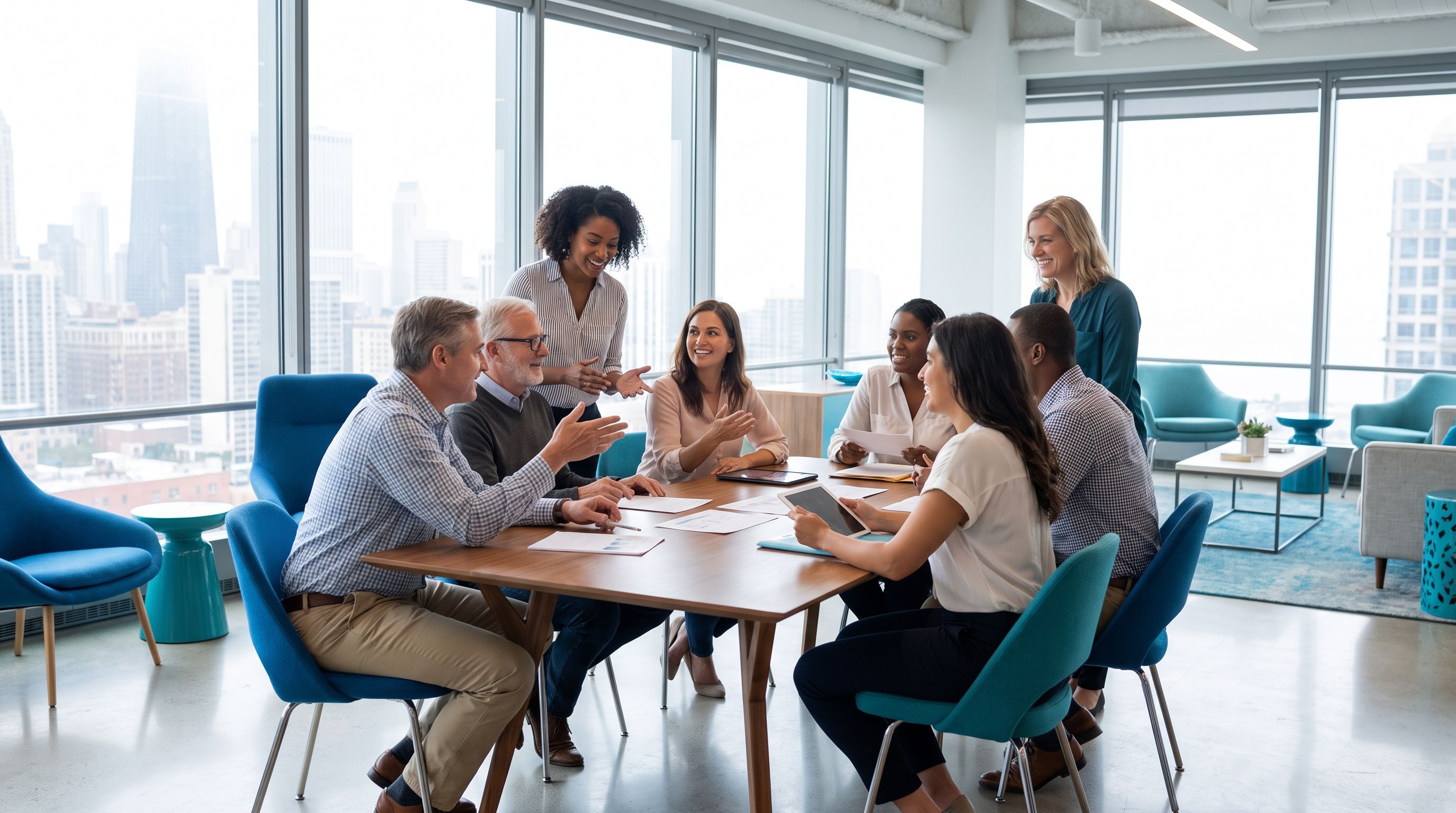 A diverse team of ABA therapy professionals collaborating in a bright, modern Chicago clinic office with the city skyline through floor-to-ceiling windows