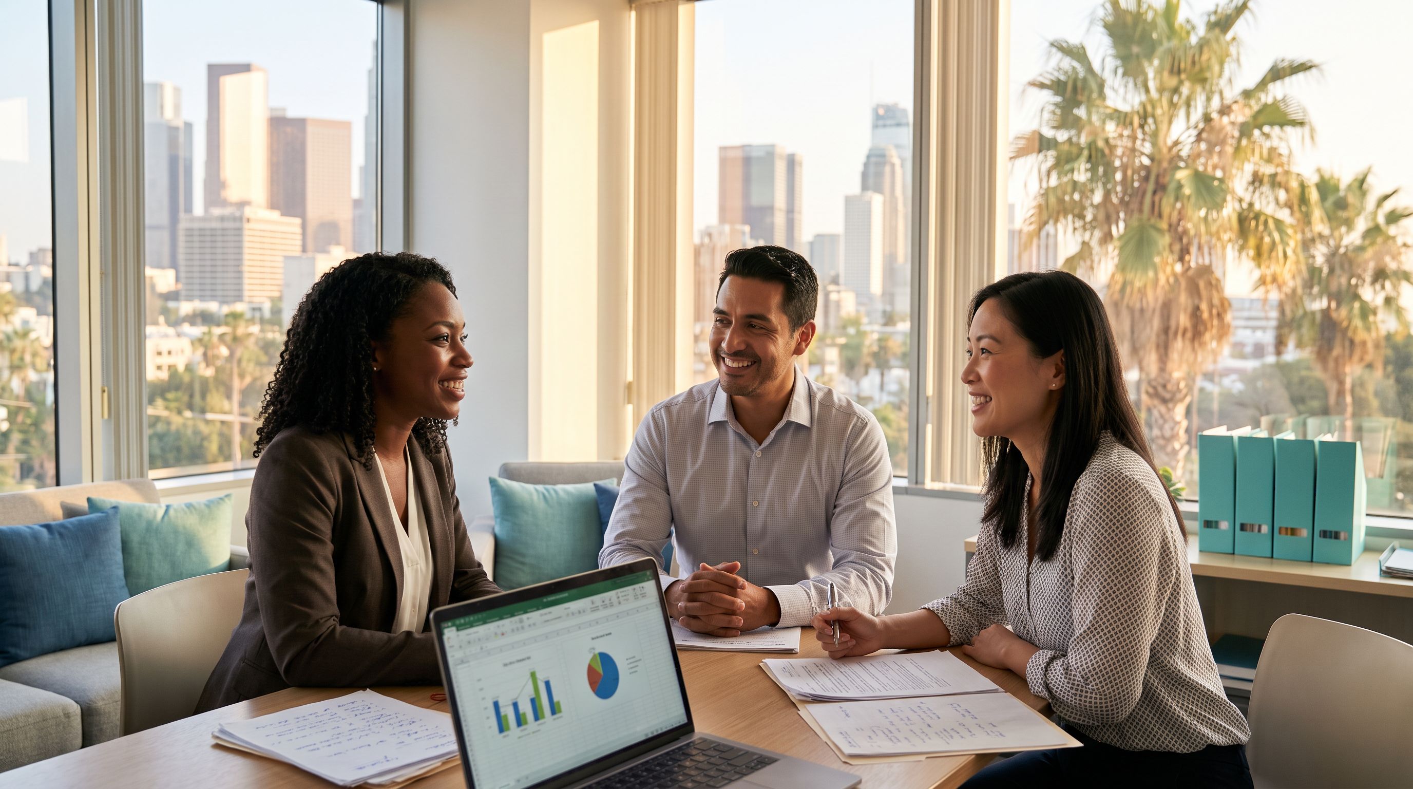 Three diverse ABA clinicians collaborating at a table in a bright modern Los Angeles office, with the downtown LA skyline and palm trees visible through floor-to-ceiling windows in warm afternoon light