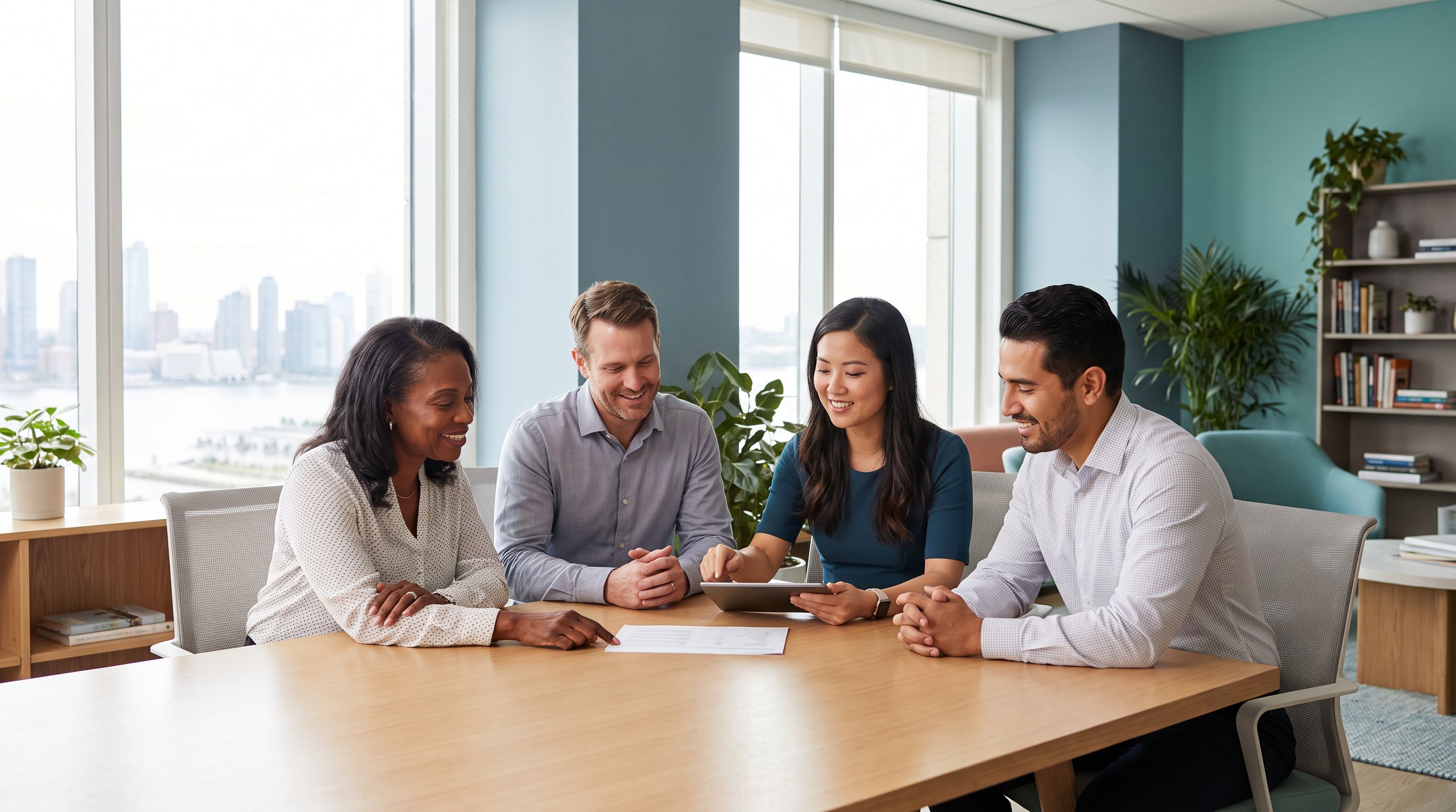 Diverse team of BCBAs collaborating in a bright modern Maryland clinic office with a Baltimore harbor skyline visible through the windows