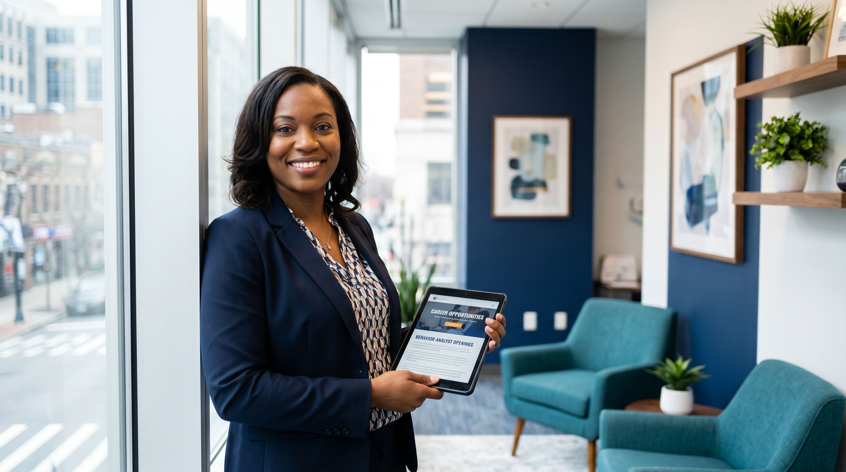 BCBA professional reviewing career opportunities on a tablet in a modern clinic office