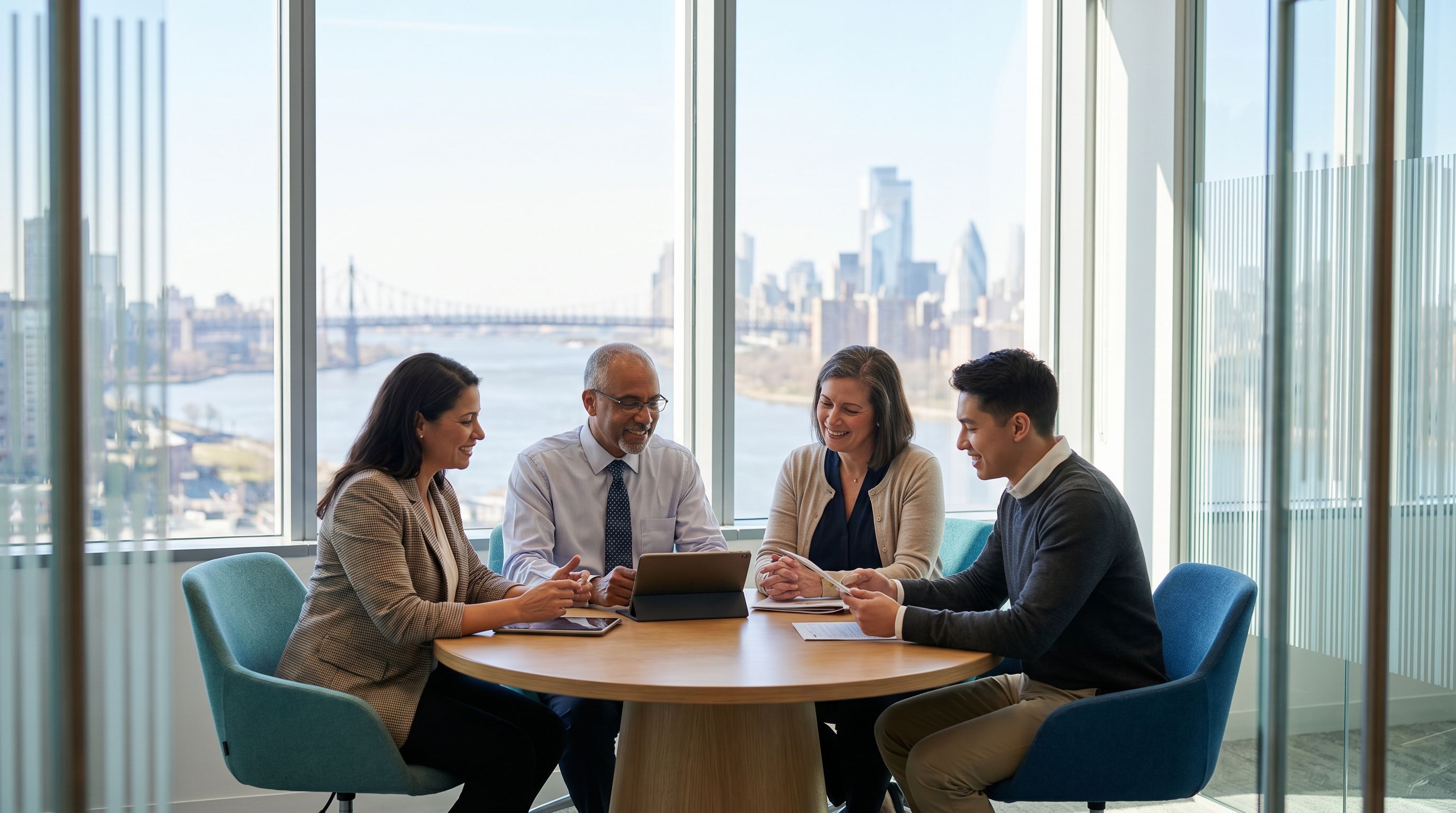Diverse team of behavior analysts and healthcare professionals collaborating in a modern New Jersey office with the New York metro skyline in the background