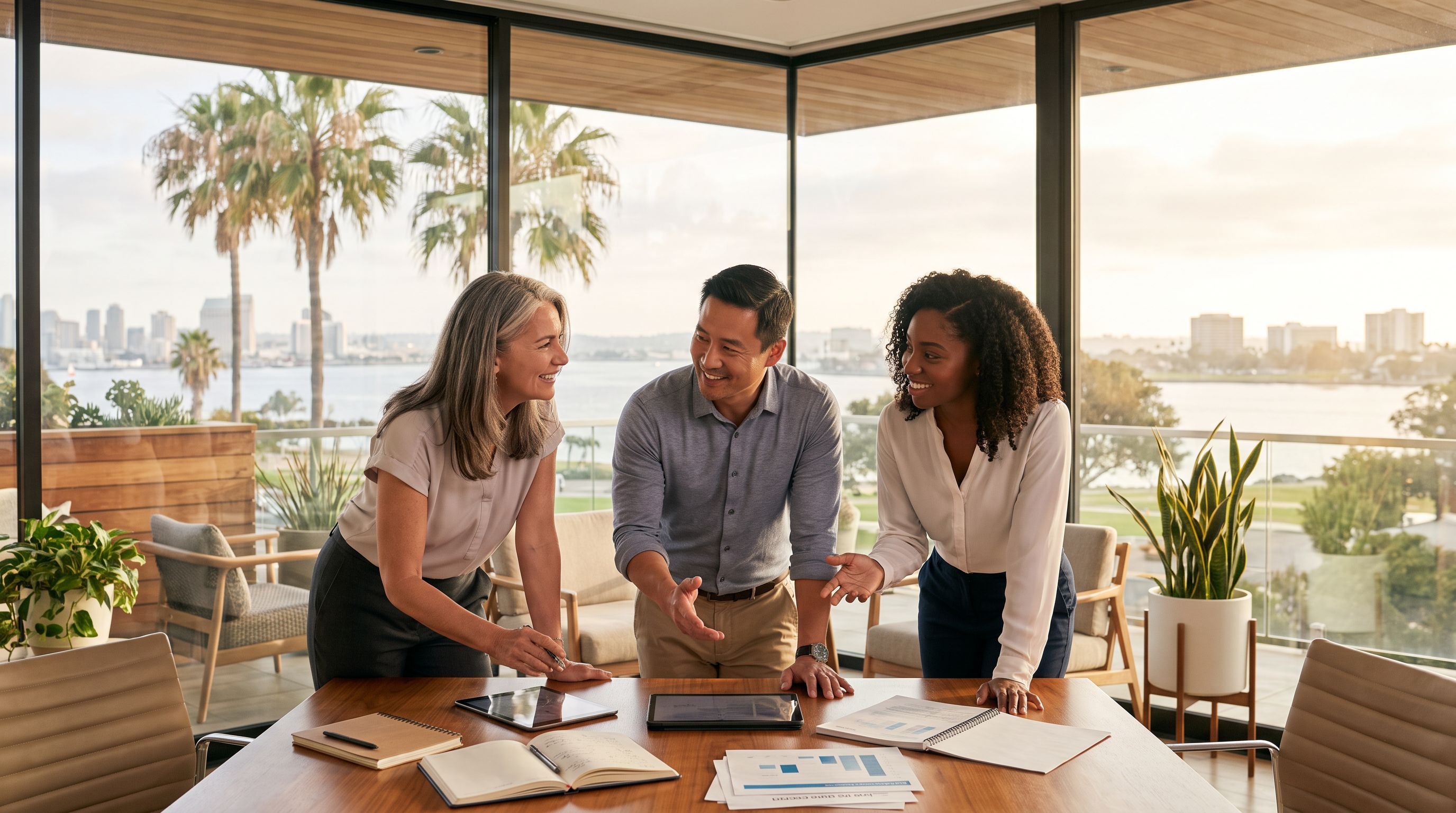 Three diverse ABA clinicians collaborating at a table in a bright modern San Diego office with the San Diego bay, palm trees, and city skyline visible through floor-to-ceiling windows