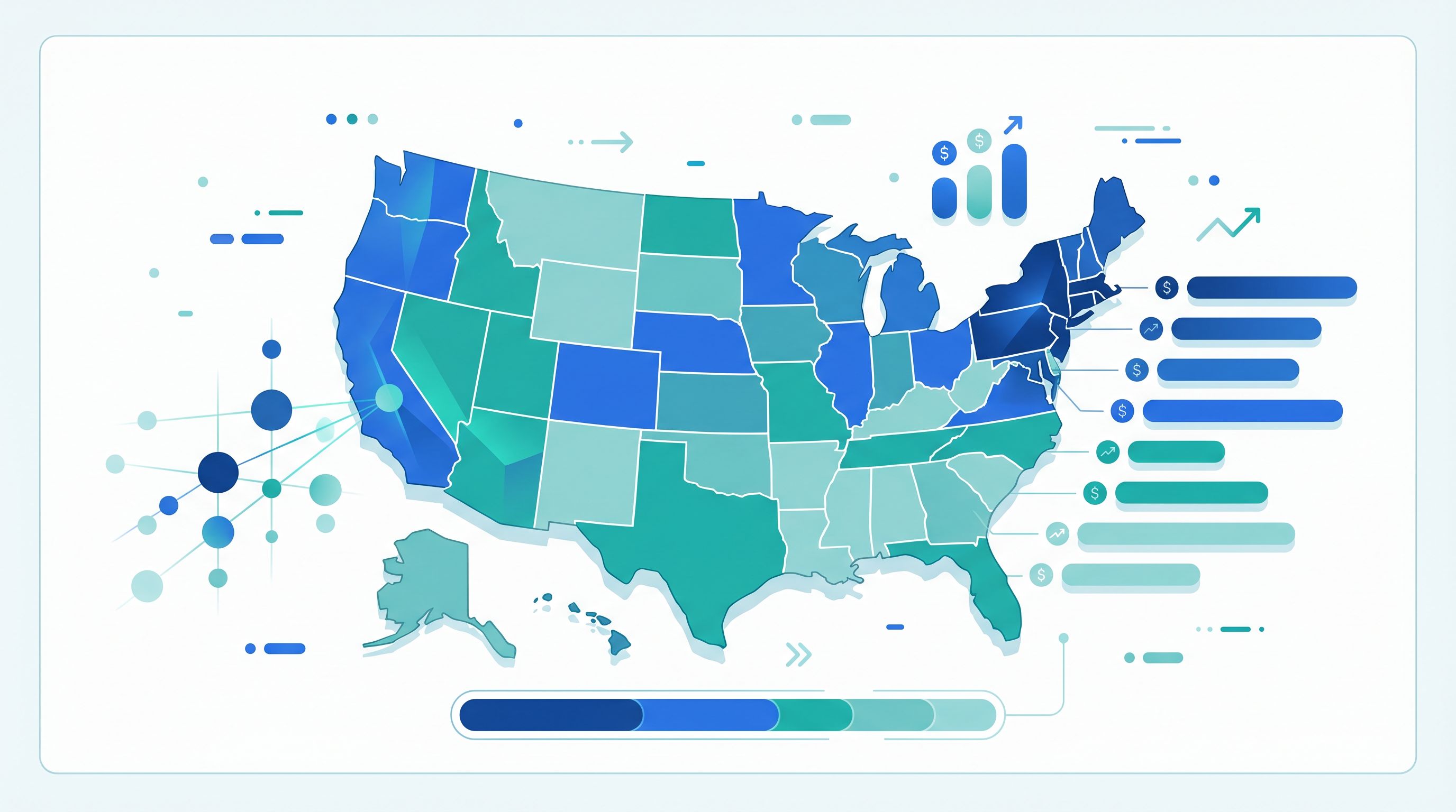 Data visualization of BCBA salary variations across United States regions with blue and teal color scheme