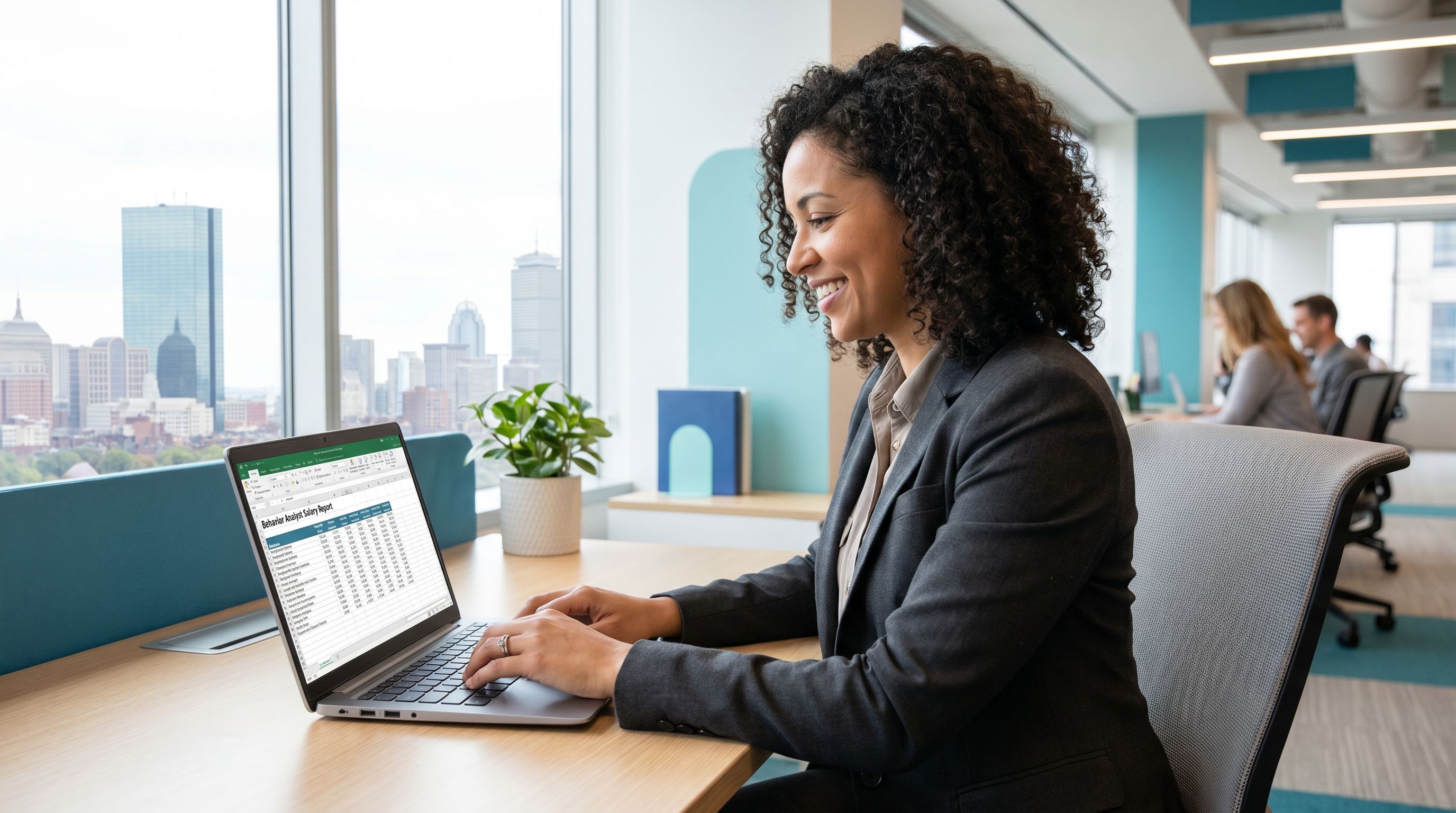 Behavior analyst reviewing BCBA salary data in a modern Boston office