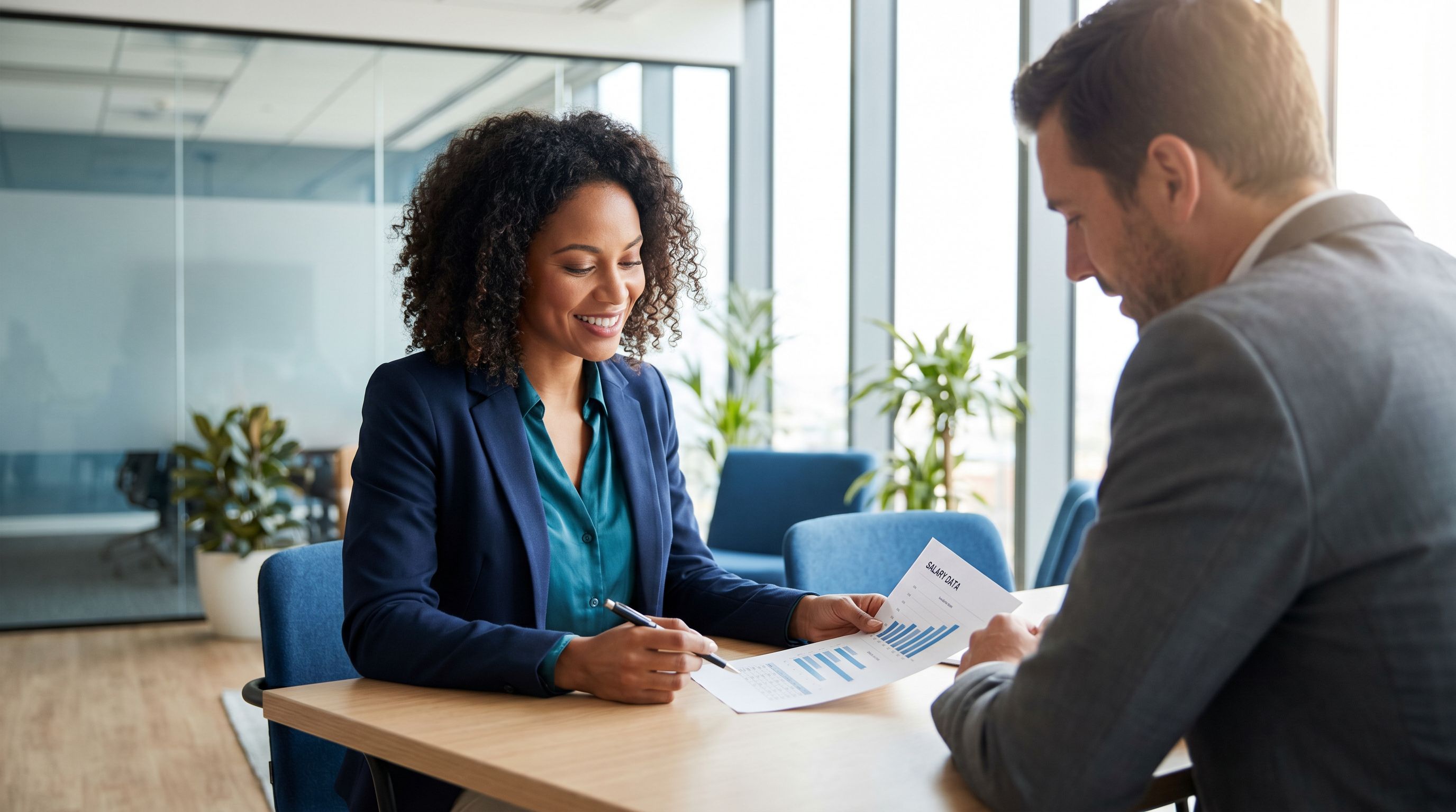 Professional behavior analyst reviewing salary data during a job negotiation meeting in a modern office