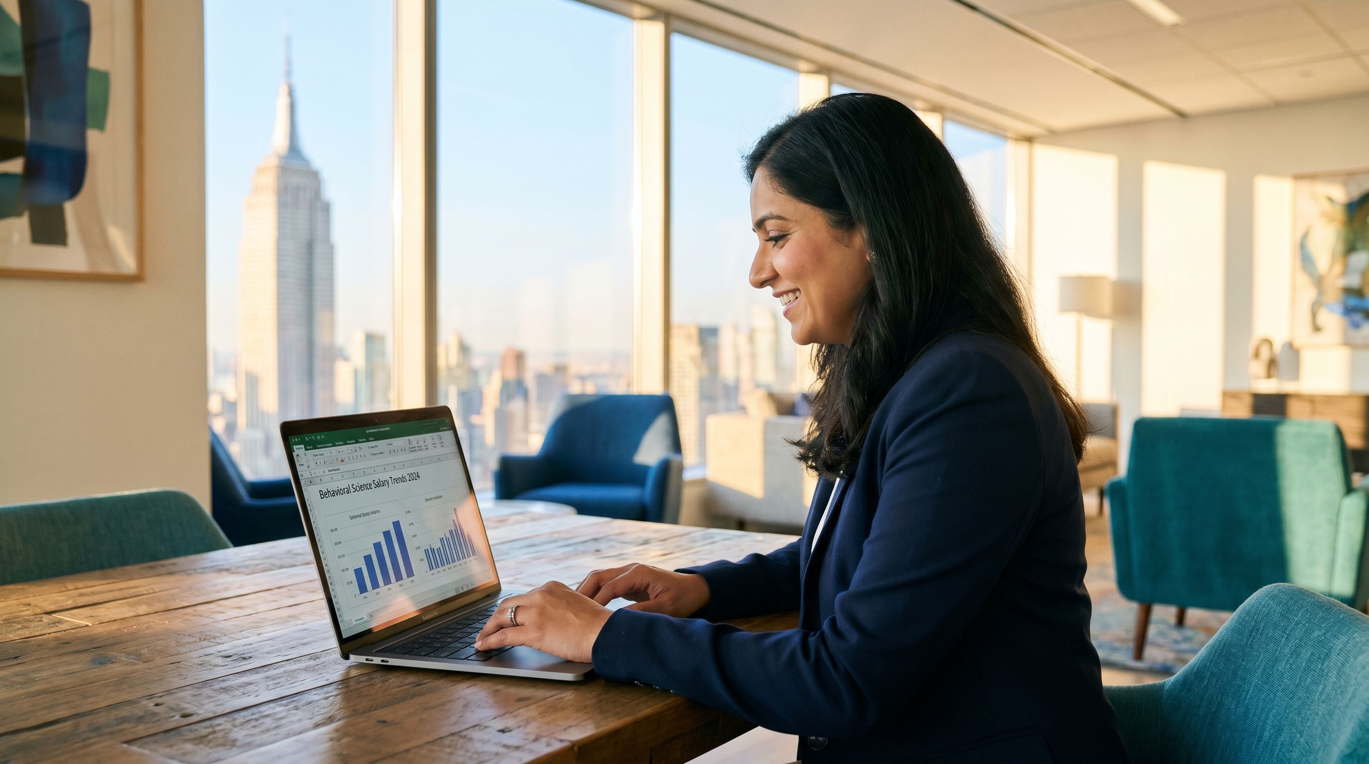 Behavior analyst reviewing salary data in a modern New York City office with skyline views