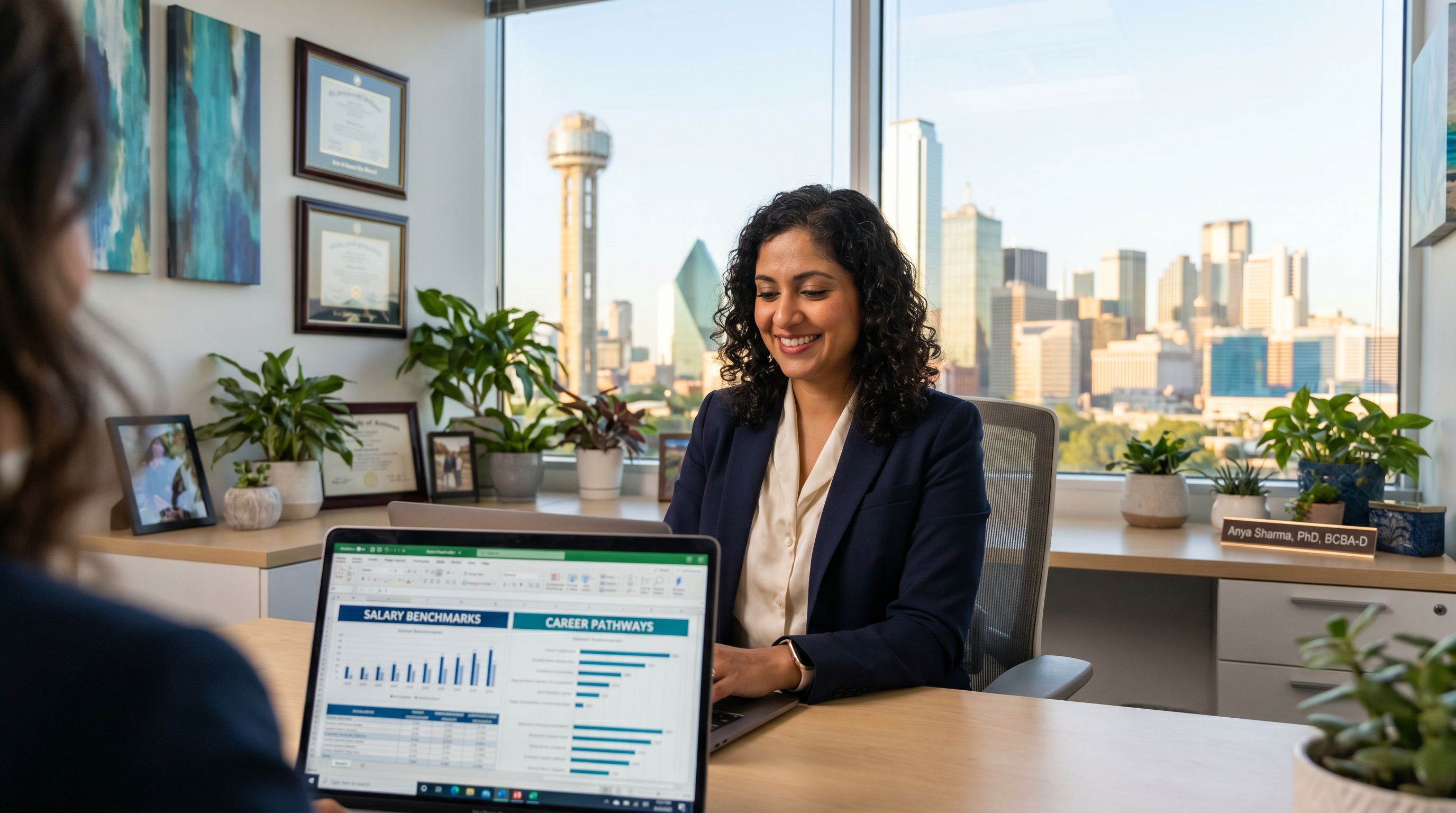 Professional behavior analyst reviewing salary data in a modern Texas office with city skyline in the background