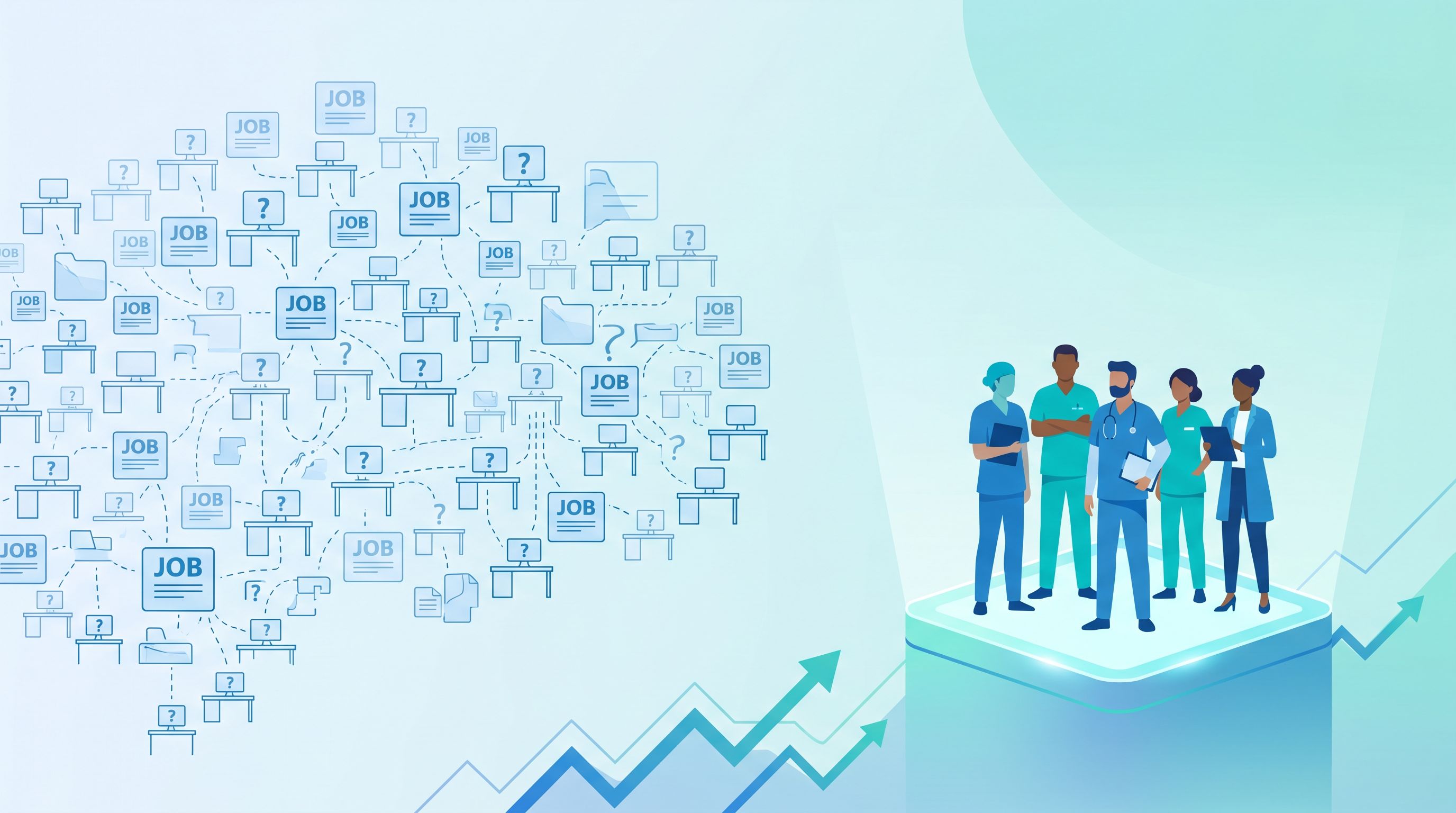 Conceptual illustration of the BCBA shortage: a large field of open job postings on one side and a small group of diverse behavior analysts on the other.