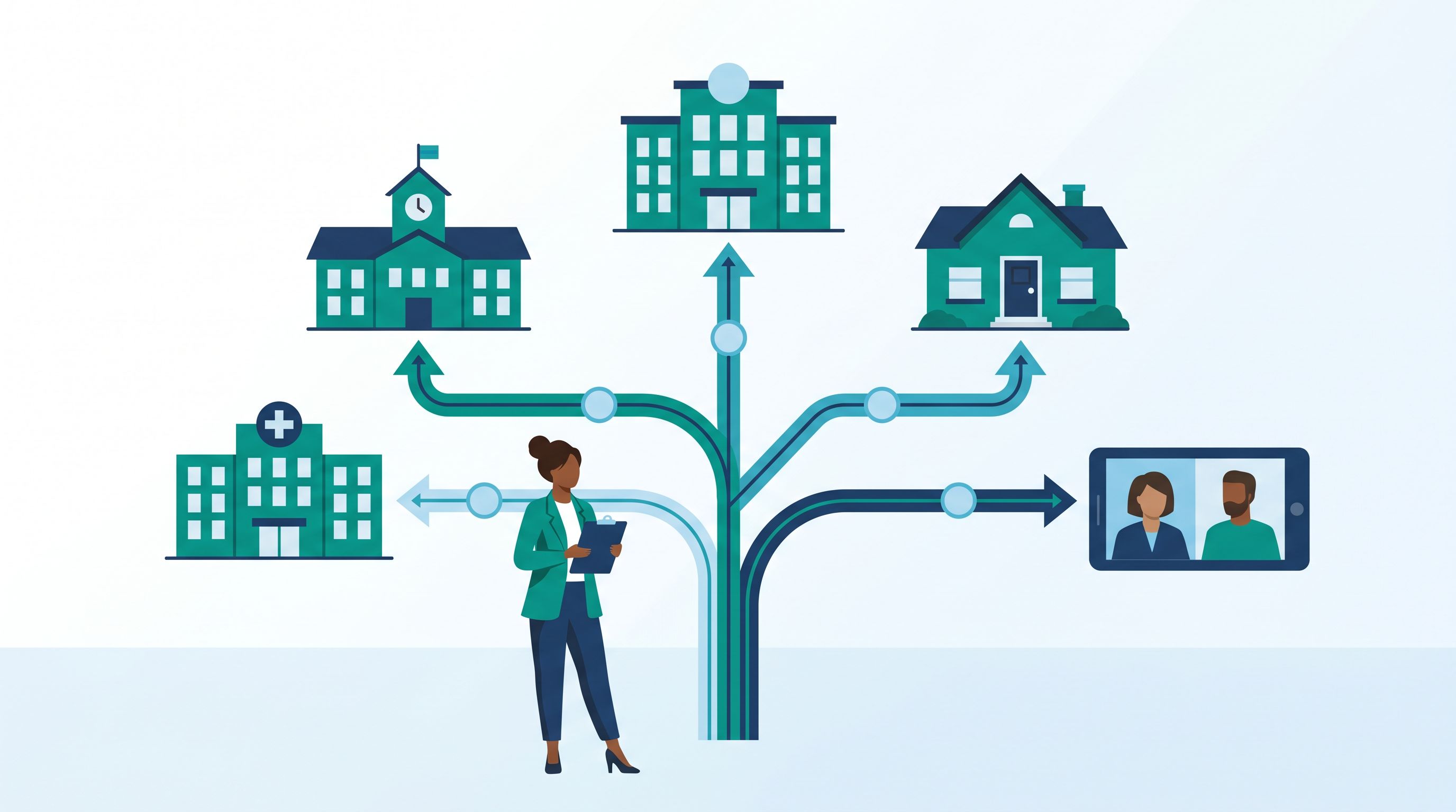 Professional illustration of BCBA career specialization pathways branching into different practice settings
