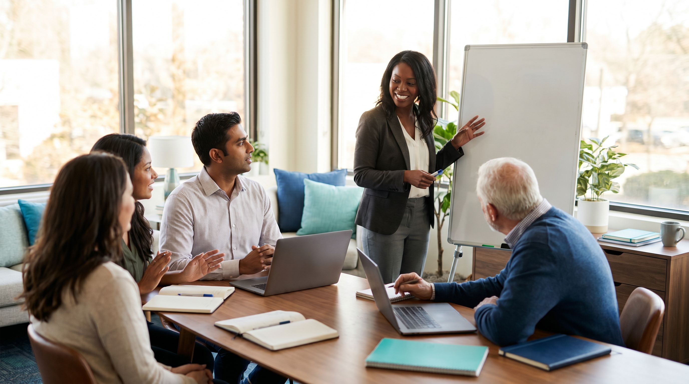 A diverse group of behavior analysts collaborating in a modern office workspace