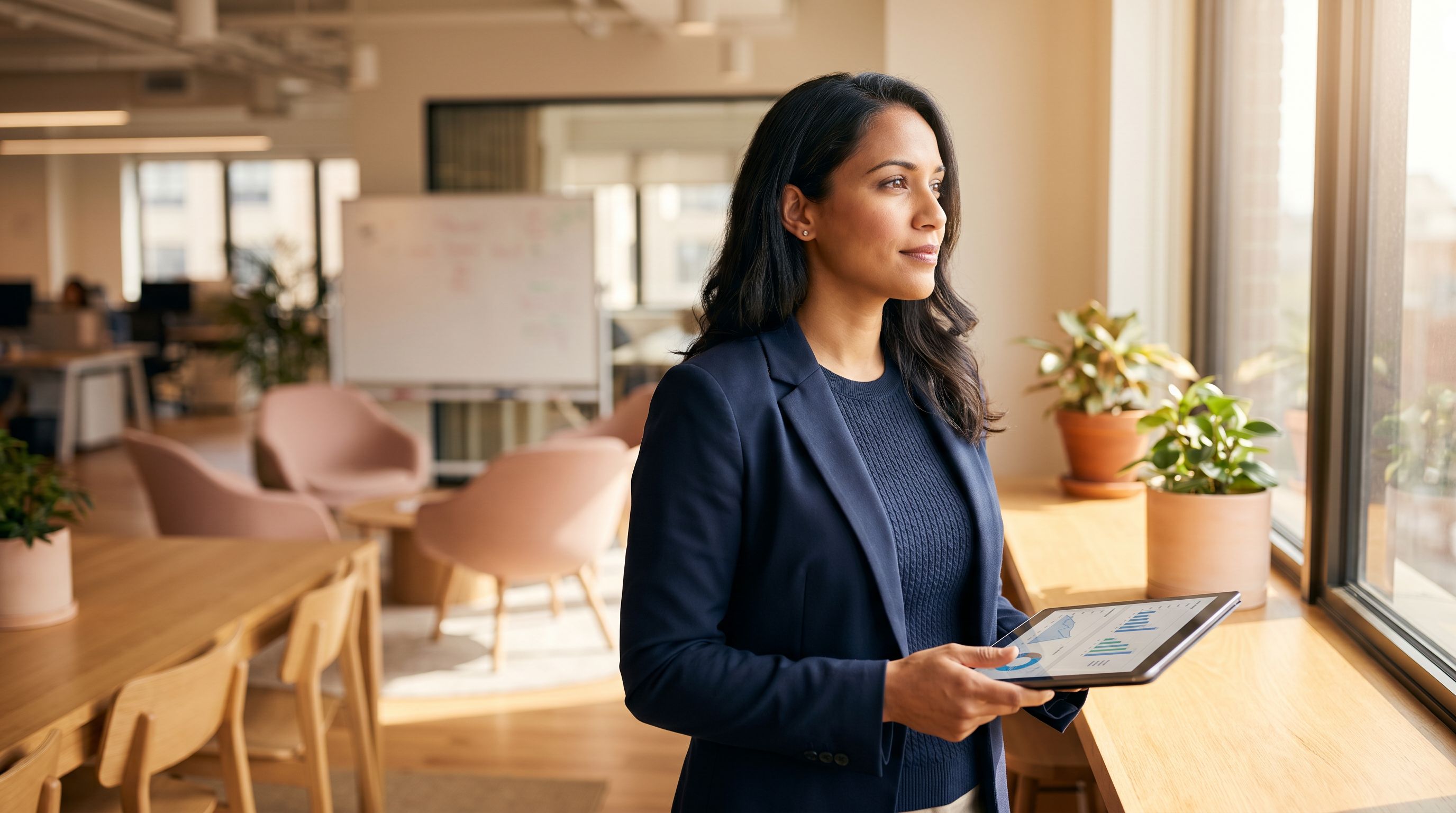 Confident BCBA professional reviewing career opportunities on a tablet in a modern clinic office