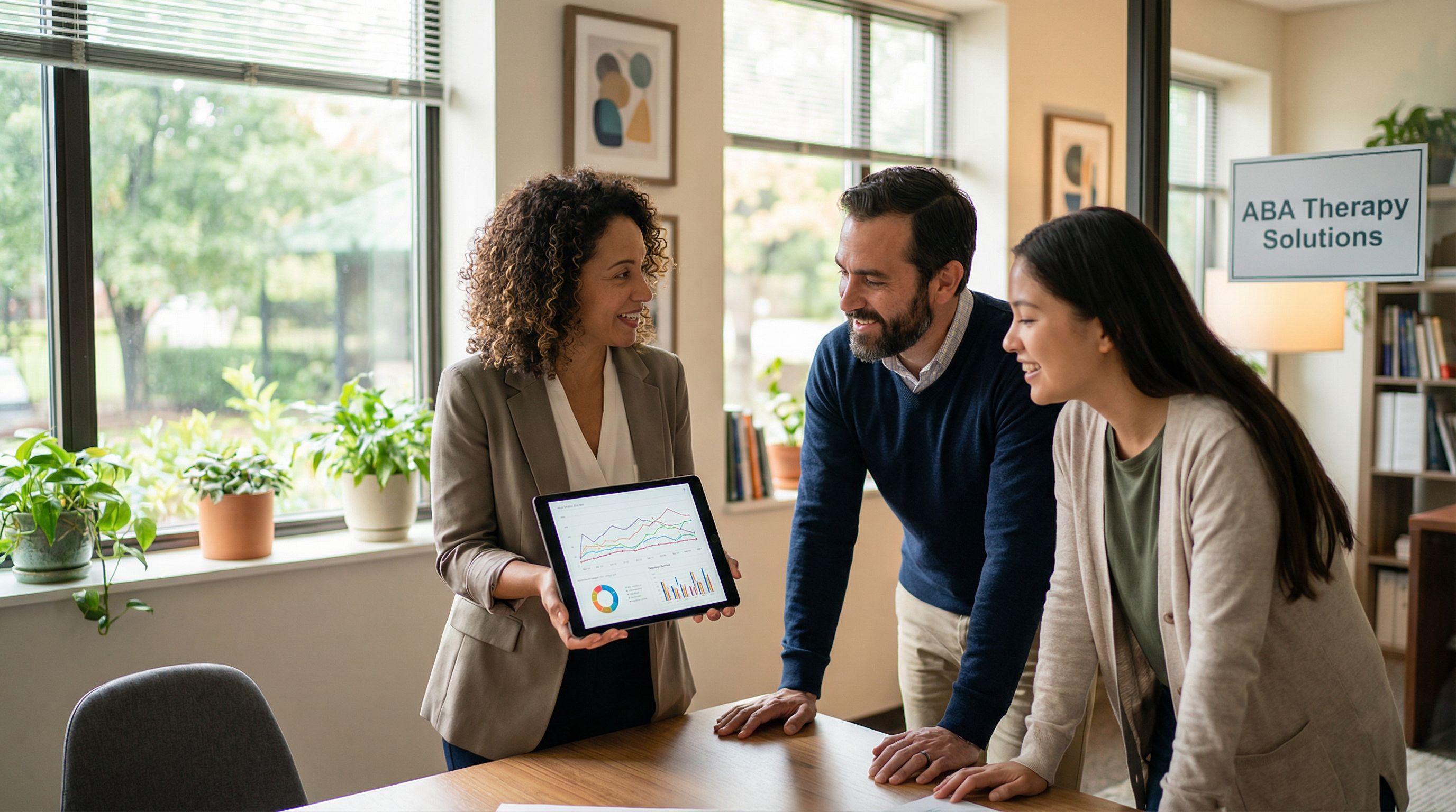 ABA therapists collaborating in a modern clinic, reviewing behavioral data on a tablet during a team meeting