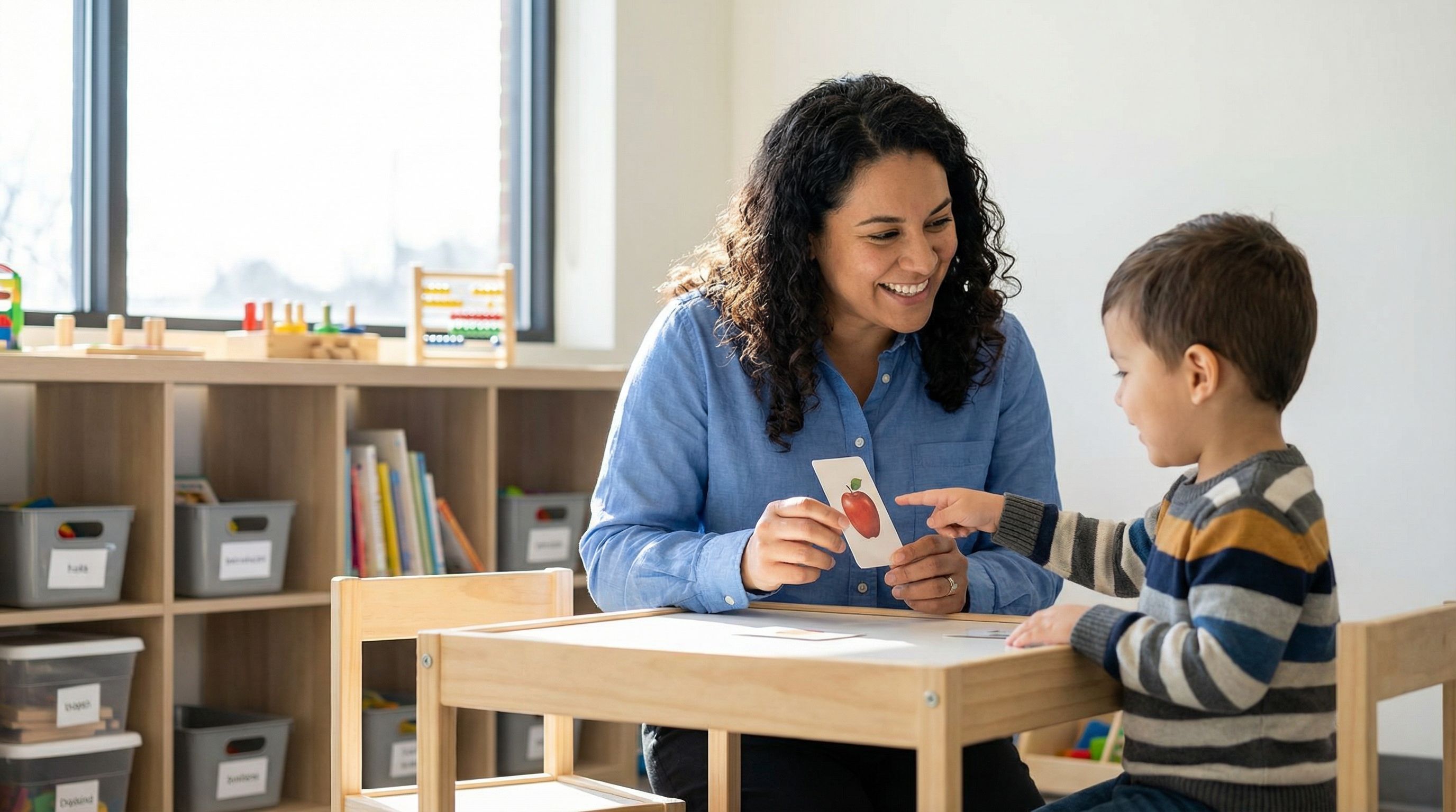 ABA therapist conducting discrete trial training with a young learner at a table in a modern clinic setting