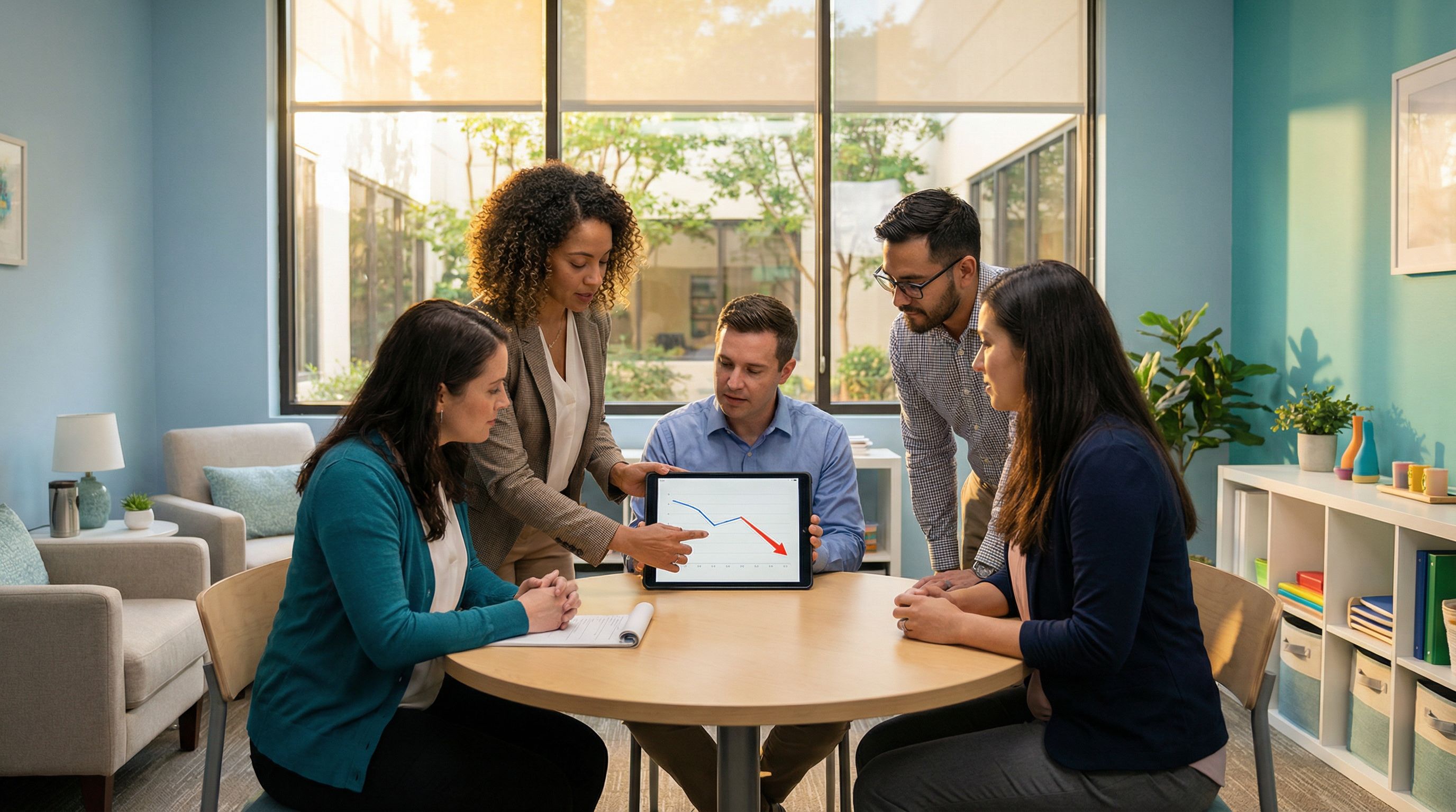 ABA therapists reviewing behavioral data charts in a modern clinic setting