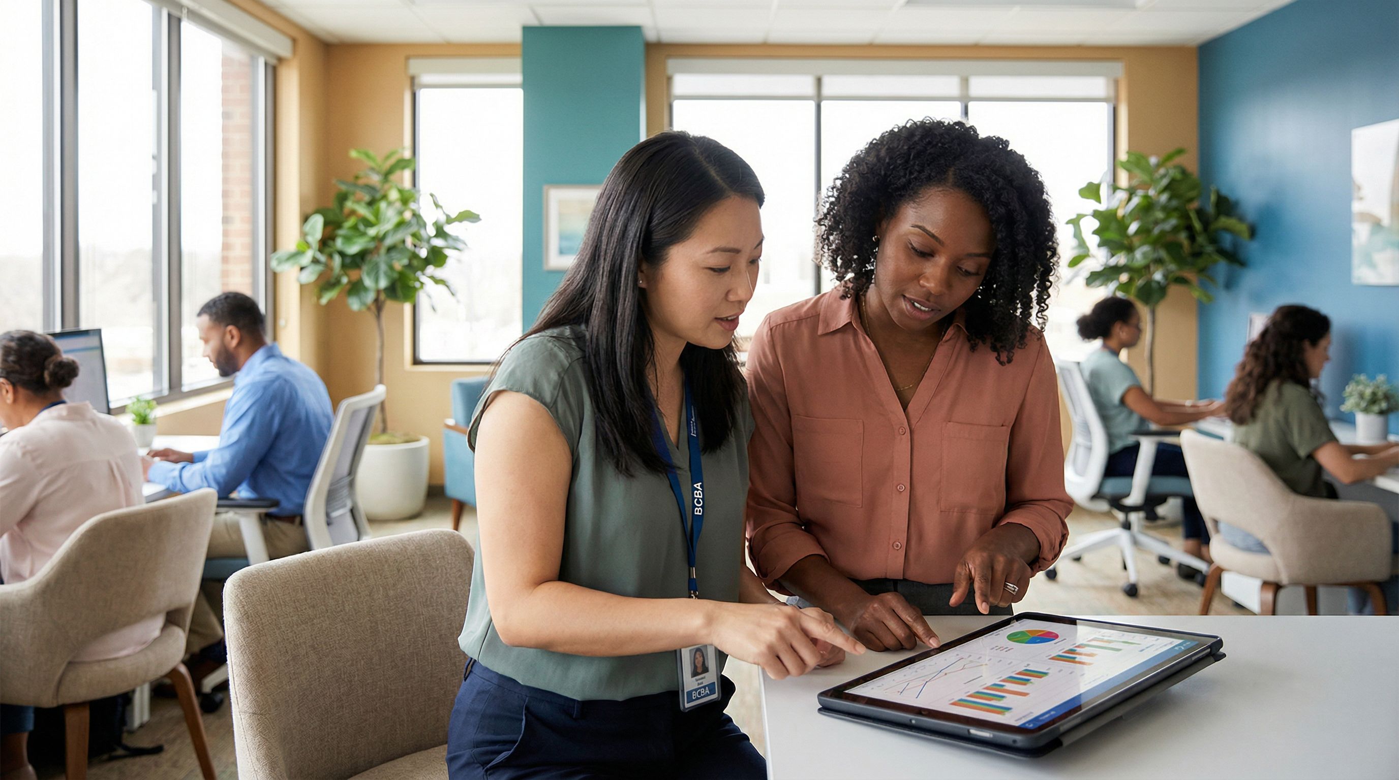 ABA behavior analysts reviewing functional behavior assessment data on a tablet in a modern clinic setting