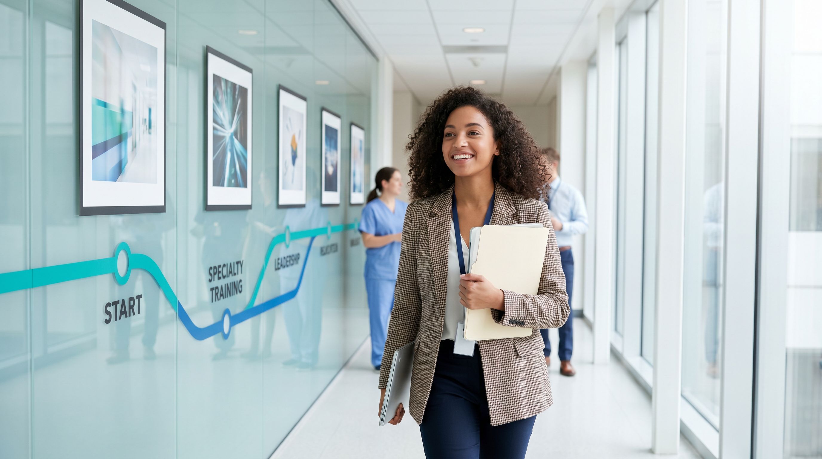 Professional walking confidently through a modern healthcare clinic corridor, representing the career journey to becoming a BCBA