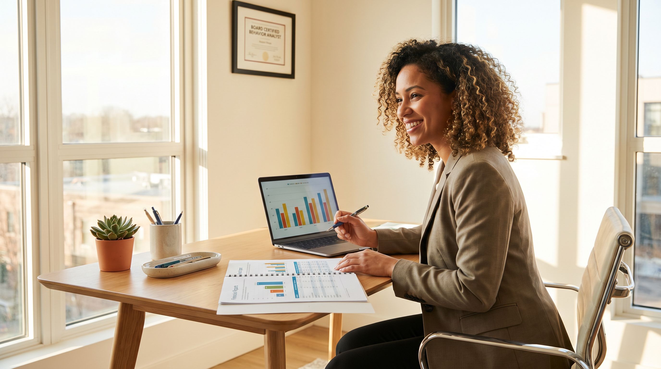 Professional BCBA reviewing business plans at a modern desk, representing entrepreneurship in ABA therapy