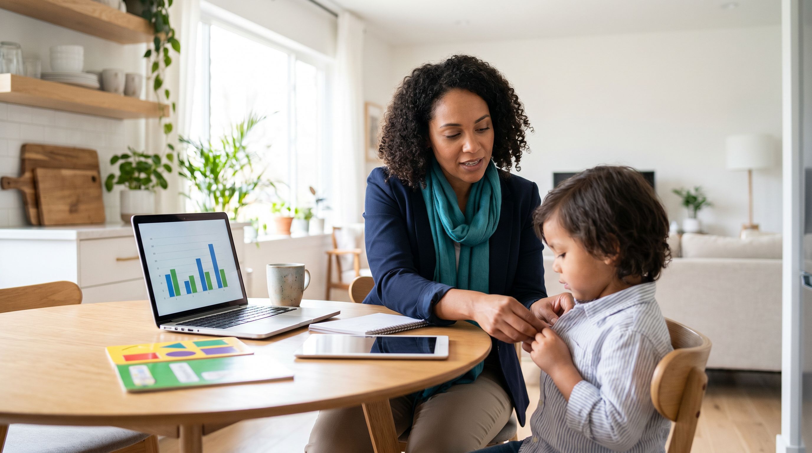 A behavior analyst working one-on-one with a young child at a kitchen table during an in-home ABA session.