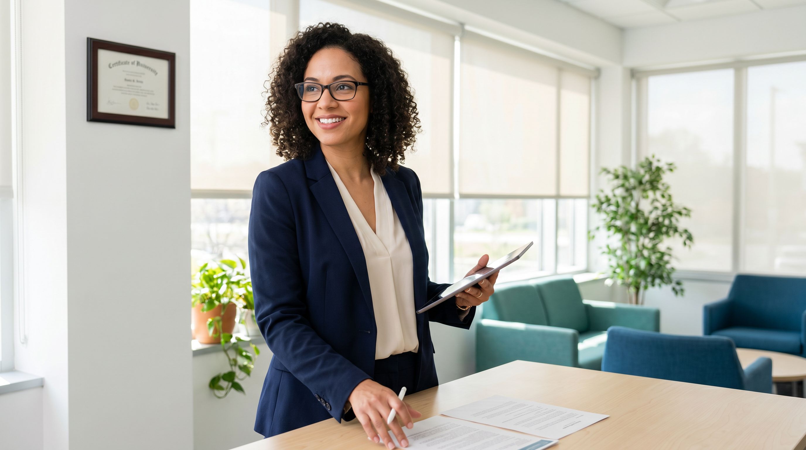 Professional BCBA behavior analyst in a modern clinical office setting, reviewing documents with confidence