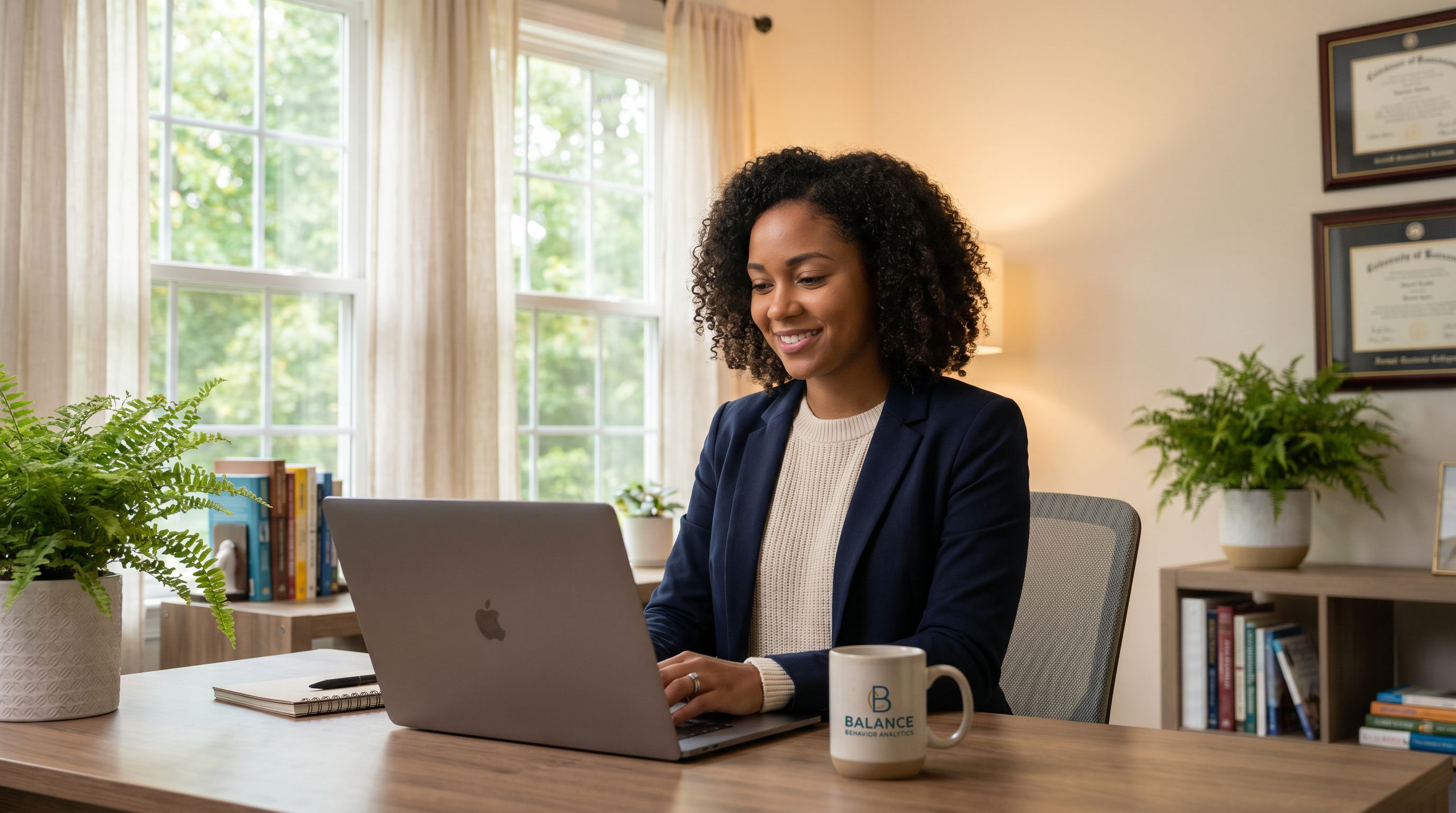 BCBA professional working on a laptop in a bright modern home office, representing flexible part-time behavior analyst work