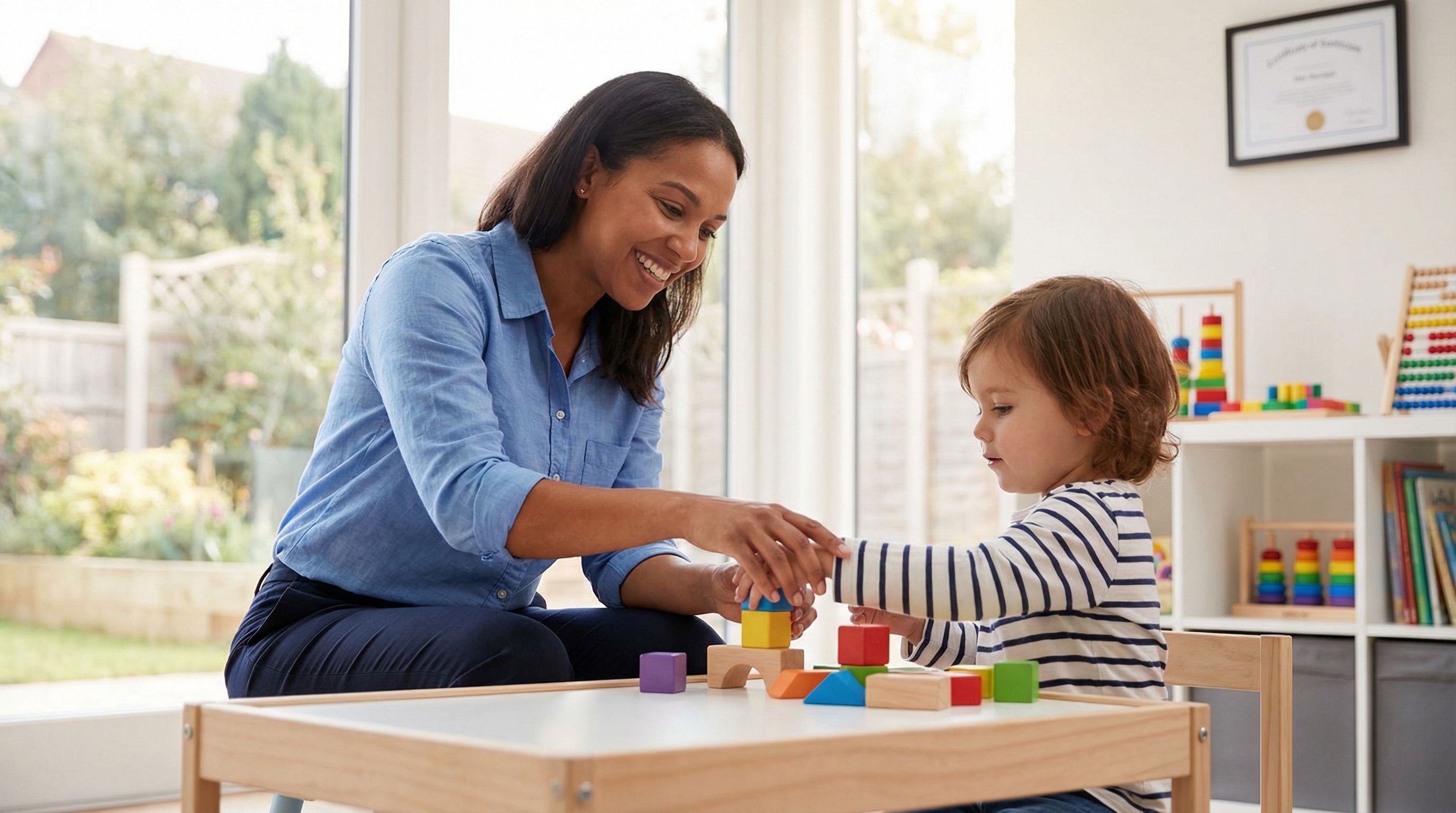 ABA therapist guiding a child through a prompting procedure during a therapy session in a modern clinic