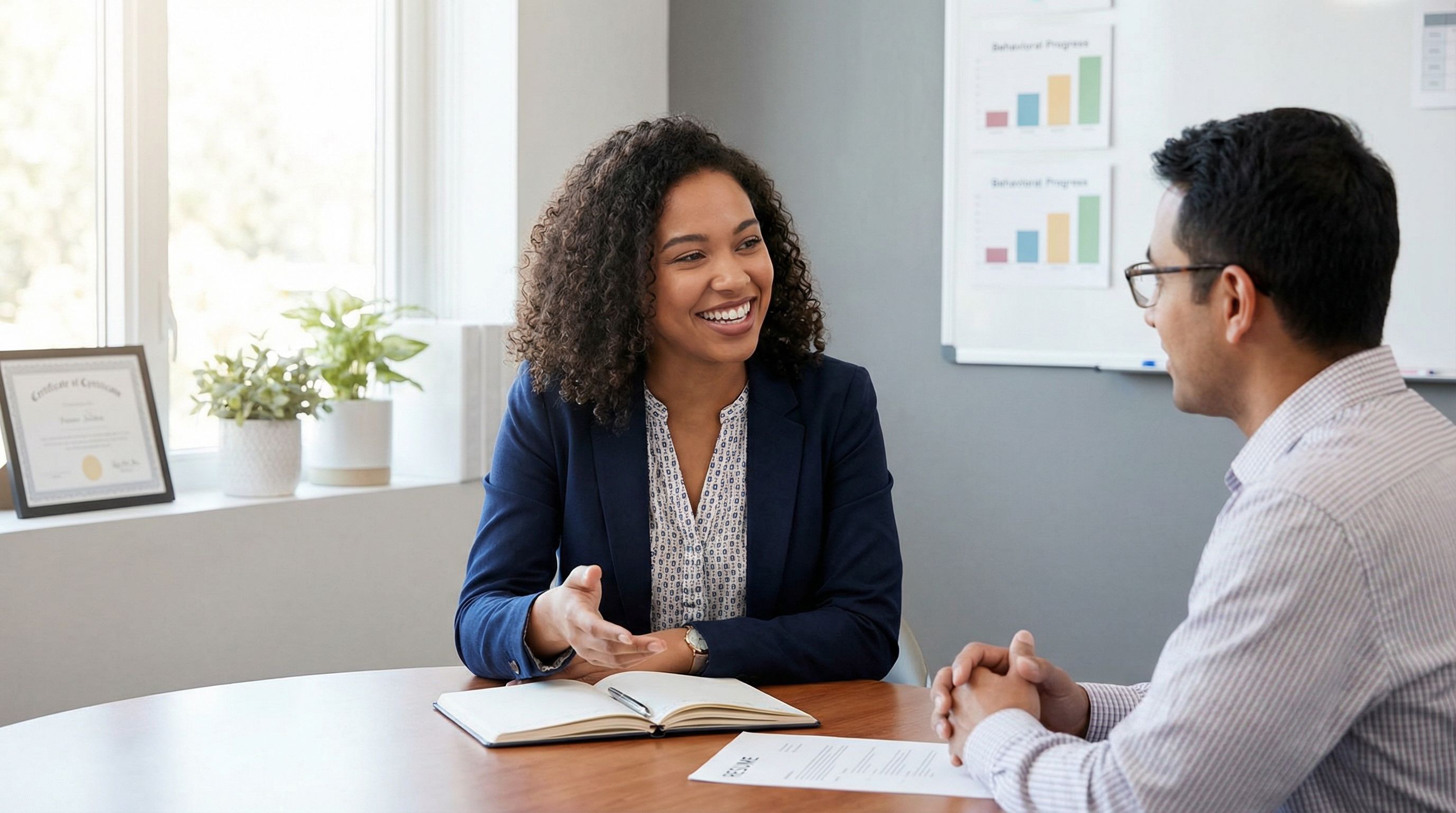 Behavior technician in a professional interview setting at a modern ABA clinic, speaking confidently with an interviewer