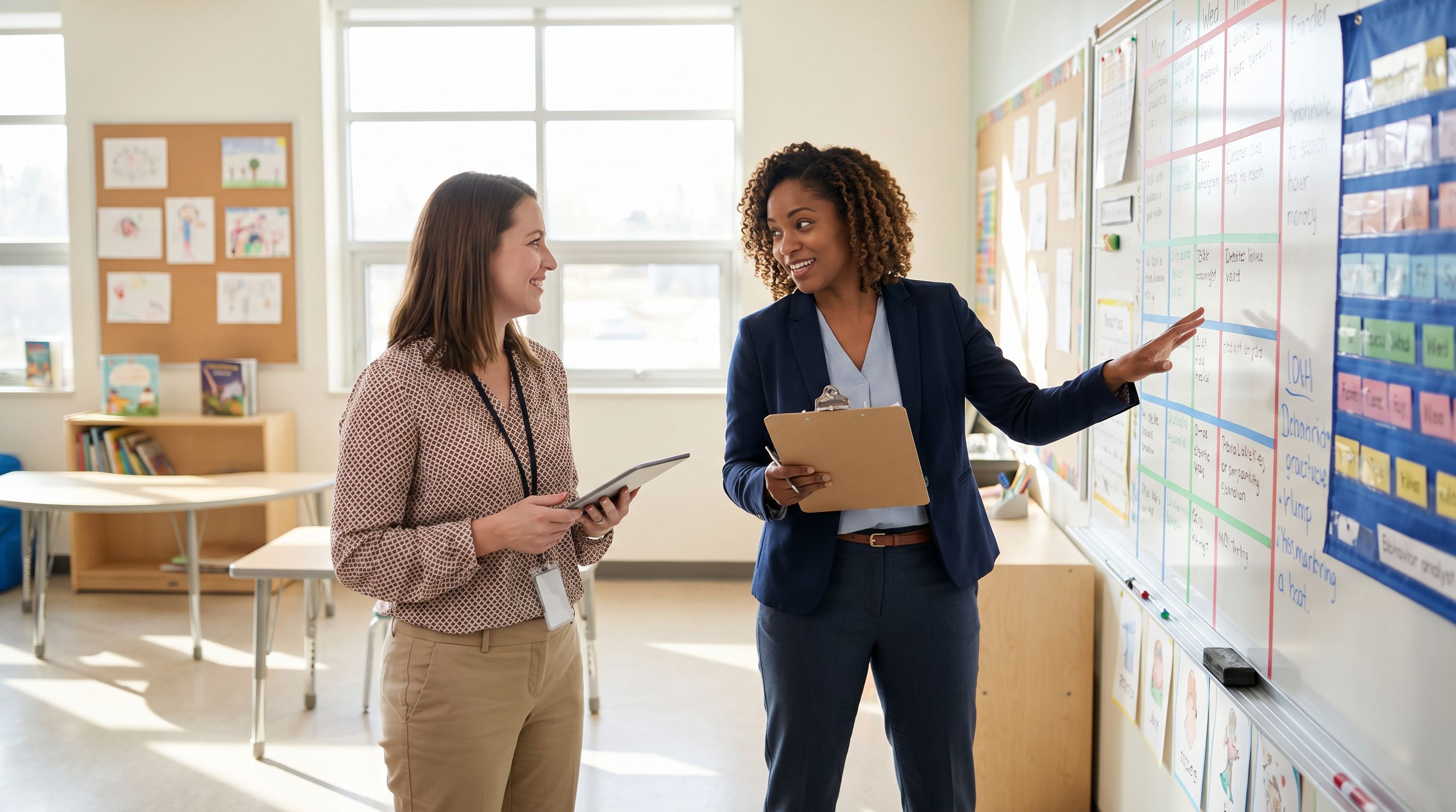 BCBA behavior analyst collaborating with an elementary school teacher in a bright modern classroom setting