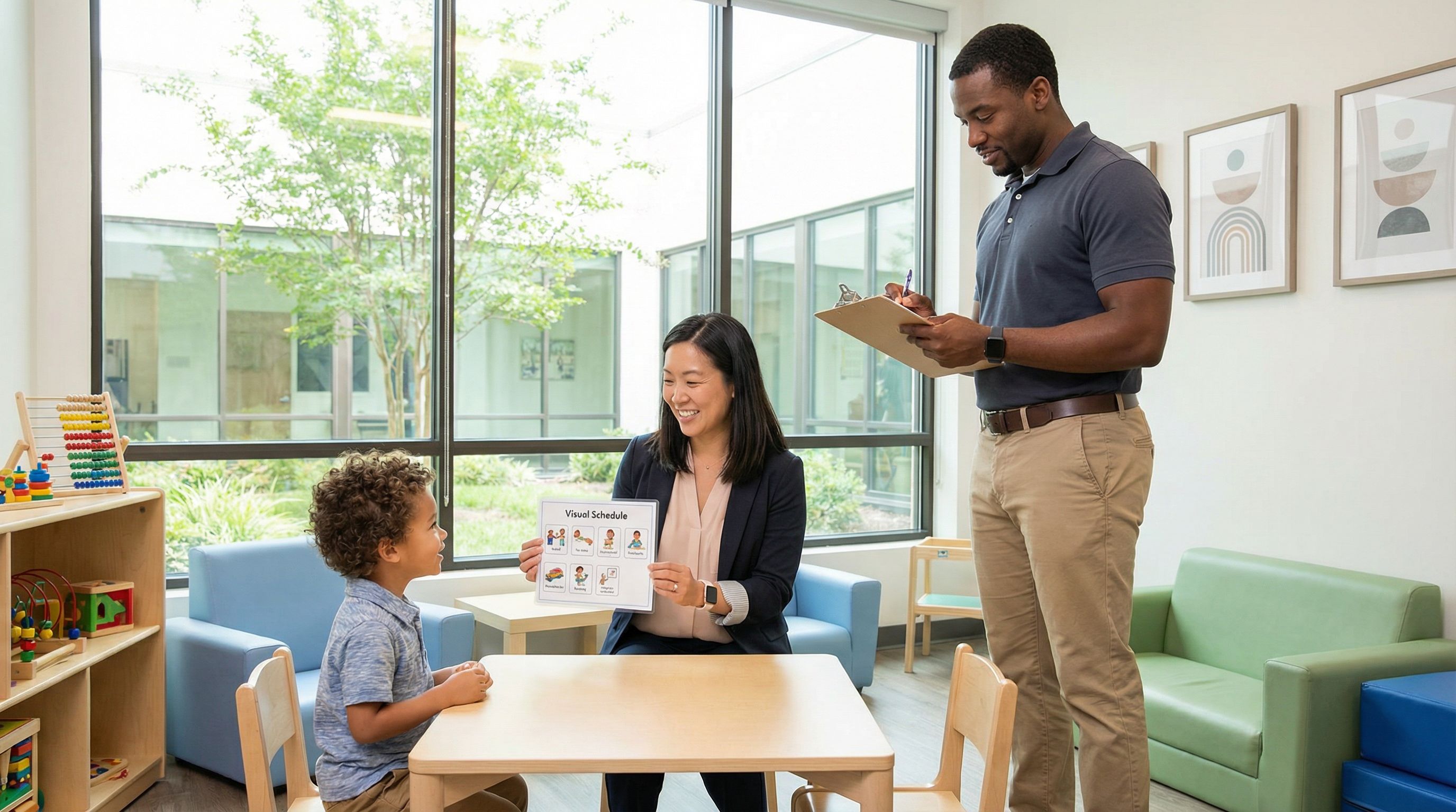 ABA therapists working with a child on a task analysis checklist in a modern clinic setting